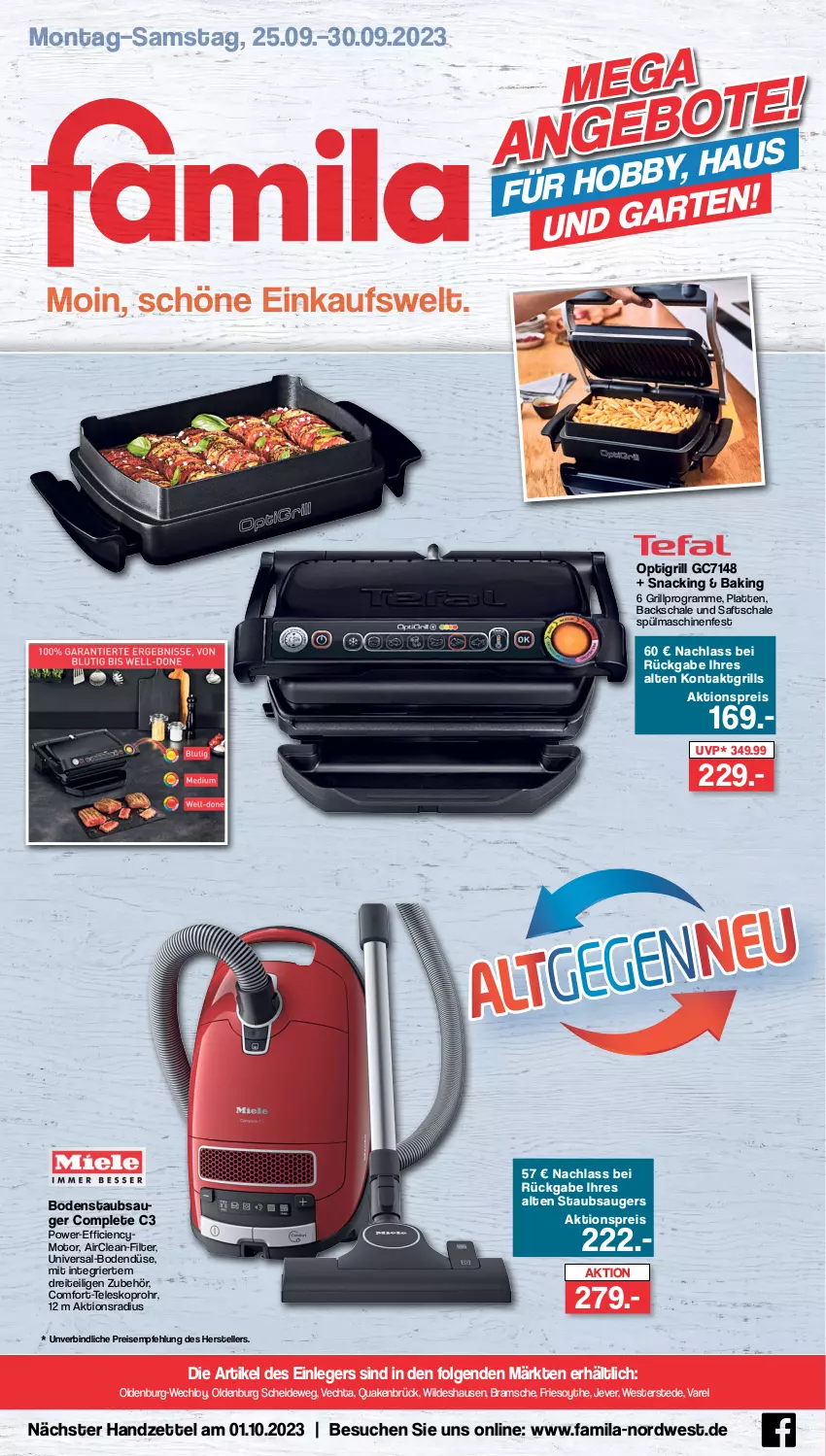 Aktueller Prospekt Famila - Prospekte - von 25.09 bis 30.09.2023 - strona 1 - produkty: aktionspreis, bodenstaubsauger, Cien, eis, elle, grill, Hobby, jever, kontaktgrill, latte, LG, reis, rel, saft, Schal, Schale, snack, spülmaschinen, staubsauger, Teleskop, teller, Ti, Weste, Wild