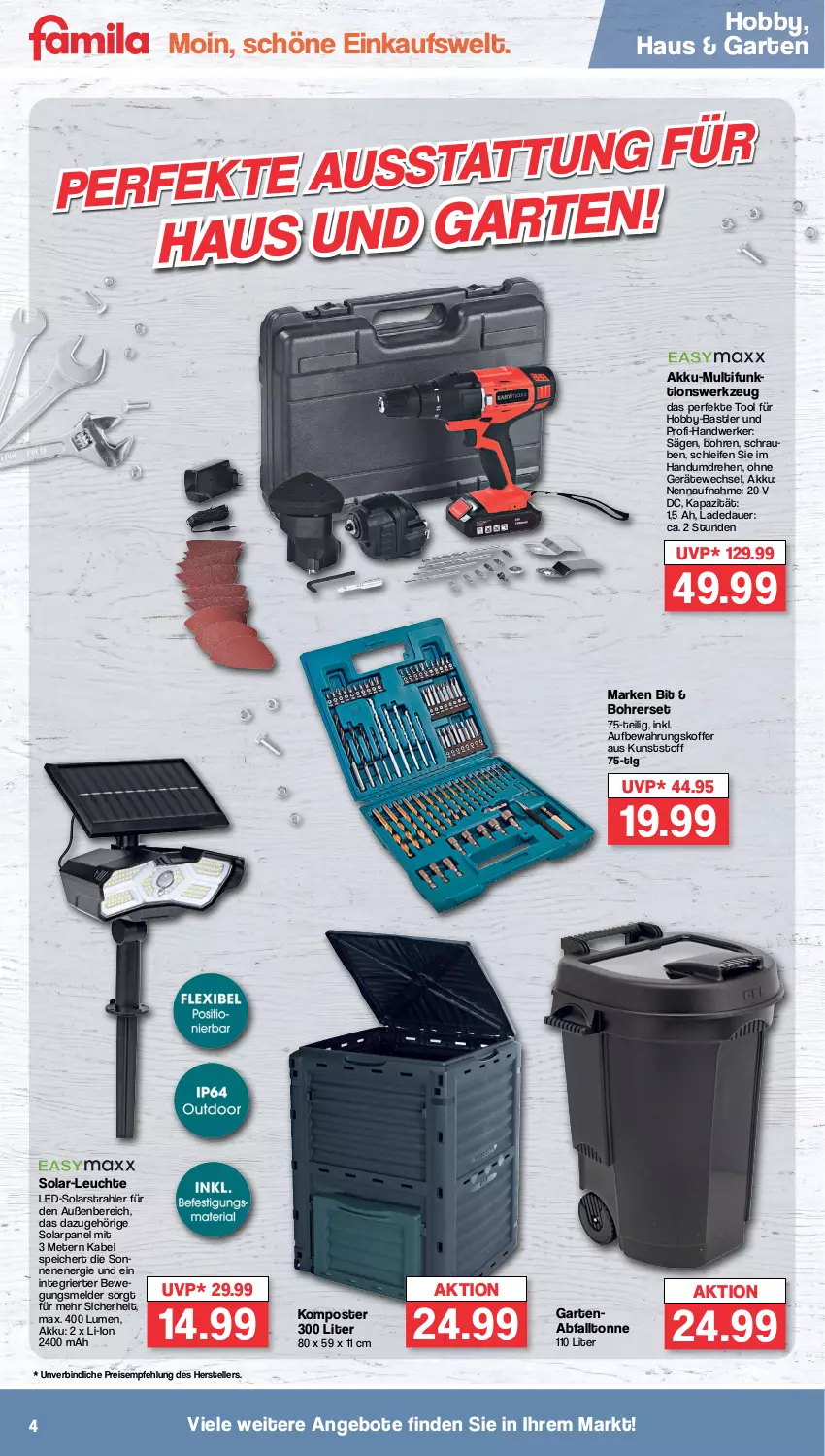 Aktueller Prospekt Famila - Prospekte - von 25.09 bis 30.09.2023 - strona 4 - produkty: akku, angebot, angebote, auer, aufbewahrungskoffer, Bohrerset, eis, elle, Garten, Hobby, koffer, Komposter, Leuchte, LG, reis, säge, schrauben, teller, Ti, werkzeug