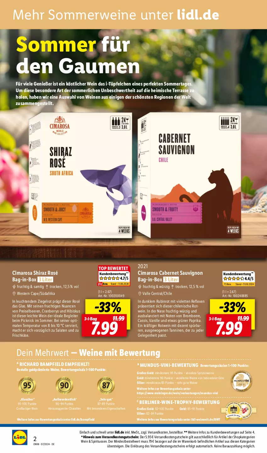 Aktueller Prospekt Lidl - Highlights in der Weinwelt - von 01.07 bis 31.07.2024 - strona 2 - produkty: auto, bag-in-box, beere, beeren, berliner, brombeere, cabernet, cabernet sauvignon, Cap, cassis, cranberry, eis, elle, ente, frischkäse, frucht, gutschein, Käse, korb, Leuchte, leuchten, LG, mac, merl, ndk, Nuance, paprika, reis, rotwein, Rubin, rwe, salat, salate, sauvignon, spirituosen, Ti, tisch, usb, vanille, wein, weine, Weste