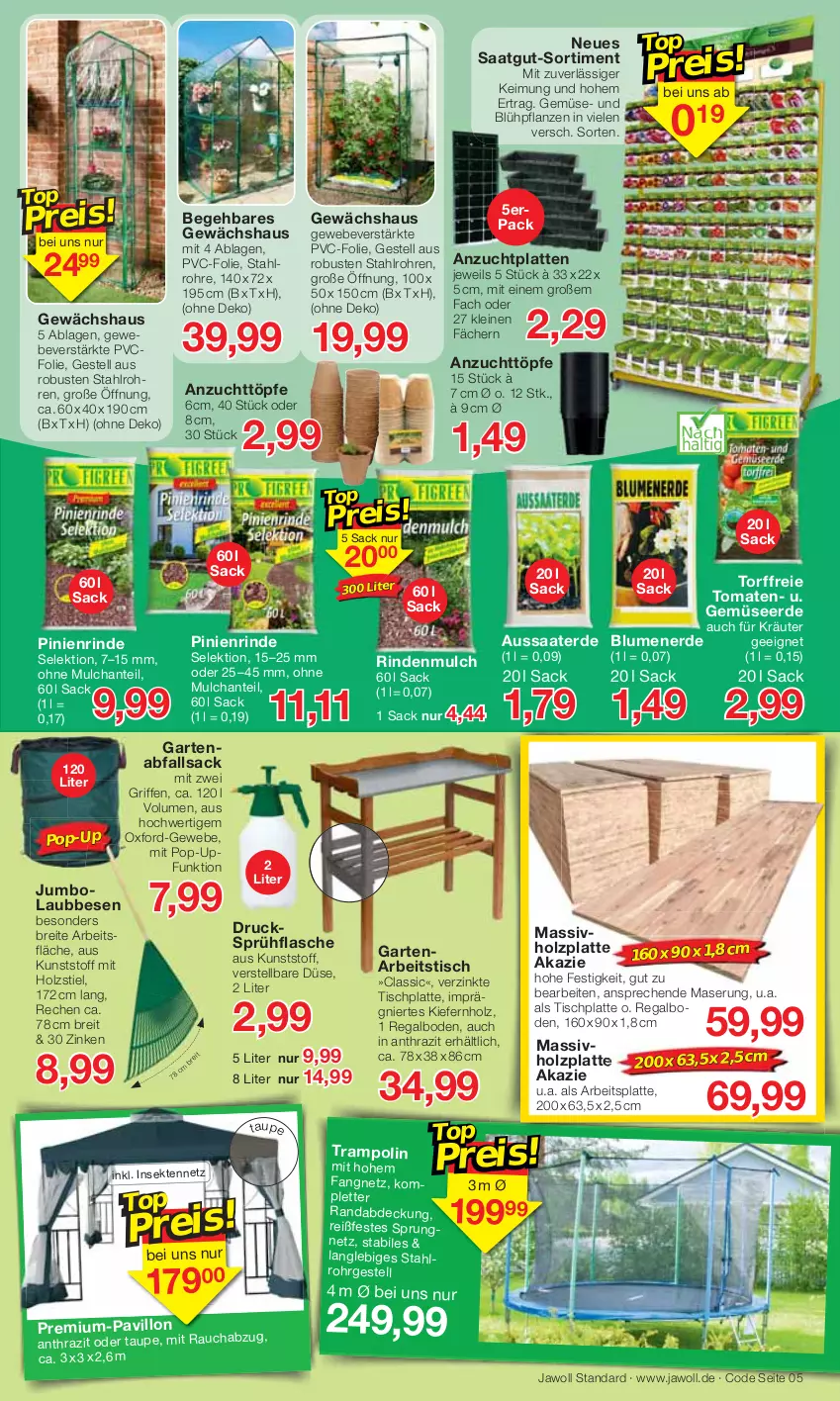 Aktueller Prospekt Jawoll - Prospekte - von 27.02 bis 05.03.2022 - strona 5 - produkty: arbeitsplatte, blume, blumen, blumenerde, Brei, eis, erde, flasche, Garten, Gemüseerde, Gewächshaus, Holz, HP, jumbo, kräuter, latte, leine, massivholz, pavillon, pflanze, pflanzen, Rauch, regal, reis, rind, rindenmulch, sac, sprühflasche, Ti, tisch, tischplatte, tomate, tomaten, Trampolin