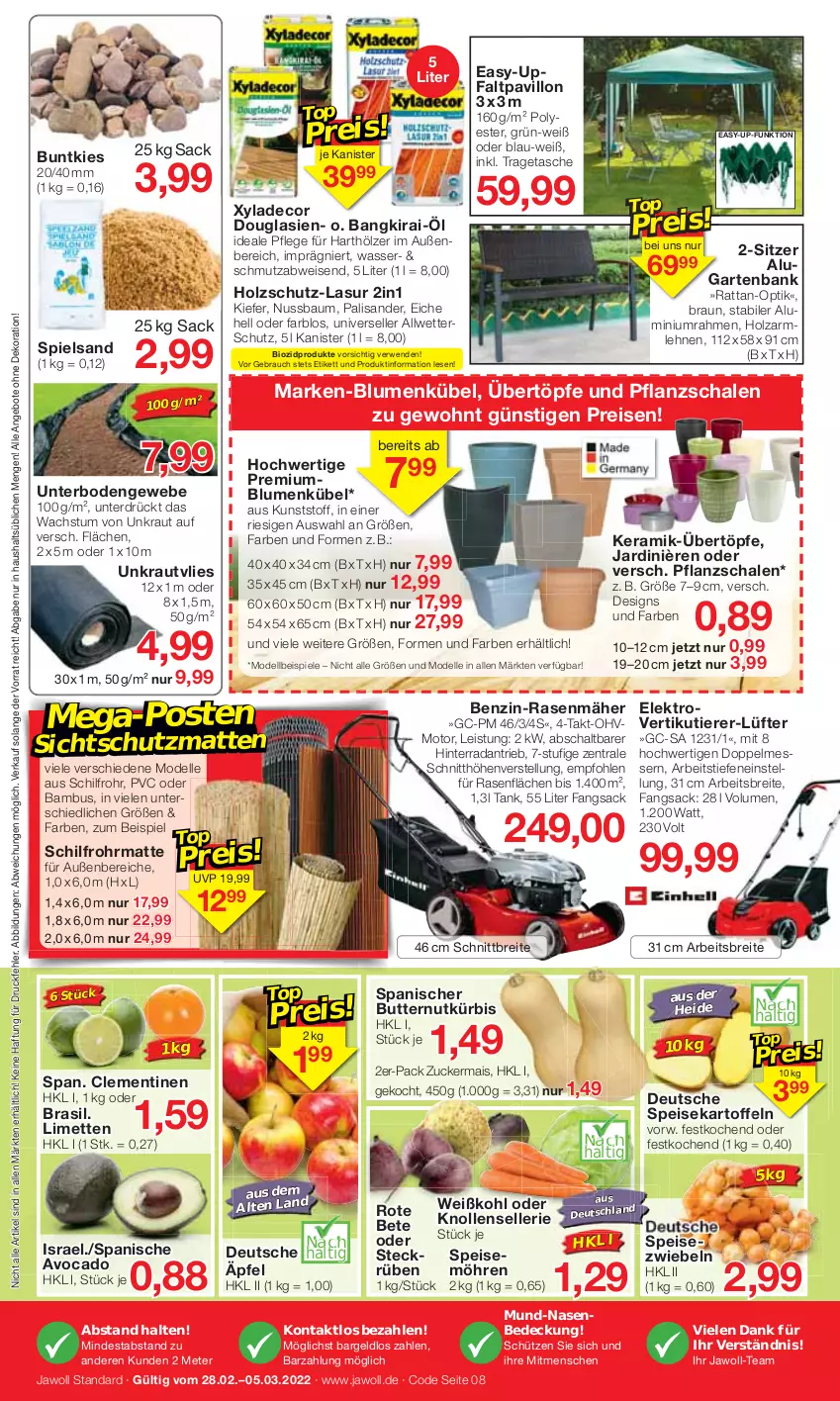 Aktueller Prospekt Jawoll - Prospekte - von 27.02 bis 05.03.2022 - strona 8 - produkty: angebot, angebote, armlehnen, avocado, bambus, Bank, Bau, bio, biozidprodukte, blume, blumen, braun, Brei, butter, clementinen, decor, dekoration, dell, eis, Elektro, elle, Faltpavillon, Garten, gartenbank, Holz, holzschutz, kartoffel, kartoffeln, Kraut, Kürbis, lasur 2in1, limette, limetten, mais, messer, Mett, metten, Mode, möhren, nuss, pavillon, rasen, rasenmäher, Rauch, reis, sac, Schal, Schale, Schütze, senf, speisekartoffeln, Speisezwiebeln, Spiele, spielsand, Tasche, Ti, Tiere, tragetasche, wasser, Weißkohl, zucker, zuckermais, zwiebel, zwiebeln