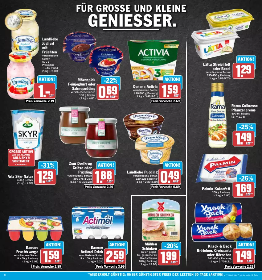 Aktueller Prospekt Aez - Prospekte - von 20.11 bis 25.11.2023 - strona 8 - produkty: actimel, actimel drink, activia, arla, arla skyr, becel, Becher, brötchen, creme, Croissant, croissants, culinesse, danone, danone actimel drink, danone activia, danone fruchtzwerge, drink, eis, feinjoghurt, flasche, frucht, früchte, früchten, fruchtzwerge, grill, grütze, hörnchen, joghur, joghurt, kochschinken, kokos, Kokosfett, landliebe, landliebe joghurt, lätta, leine, mövenpick, mühlen schinken, natur, pflanze, pflanzen, pflanzencreme, pudding, rama, Rama Culinesse, reis, sahne, schinken, Skyr, Ti, ZTE, Zum Dorfkrug