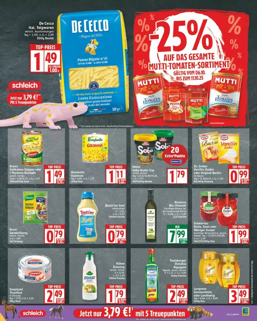 Aktueller Prospekt Edeka - Prospekte - von 06.10 bis 11.10.2025 - strona 11 - produkty: beutel, Blüte, brot, De Cecco, ecco, eis, elle, flasche, hühner, K2, küche, Nissin, nudel, penne, penne rigate, reis, salat, salatkrönung, Schleich, teigwaren, Ti, tomate, tomaten, topf, zucker