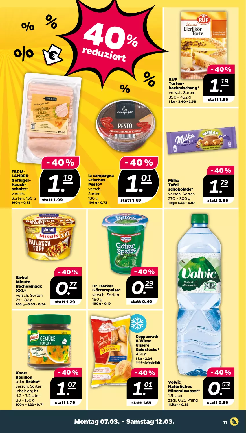 Aktueller Prospekt Netto - Angebote ab Montag - von 07.03 bis 12.03.2022 - strona 11 - produkty: Alwa, backmischung, Becher, birkel, Brühe, coppenrath, Dr. Oetker, eis, Geflügel, Goldstücke, götterspeise, knorr, milka, mineralwasser, natürliches mineralwasser, pesto, schoko, schokolade, snack, tafelschokolade, Ti, torte, volvic, volvic natürliches, wasser