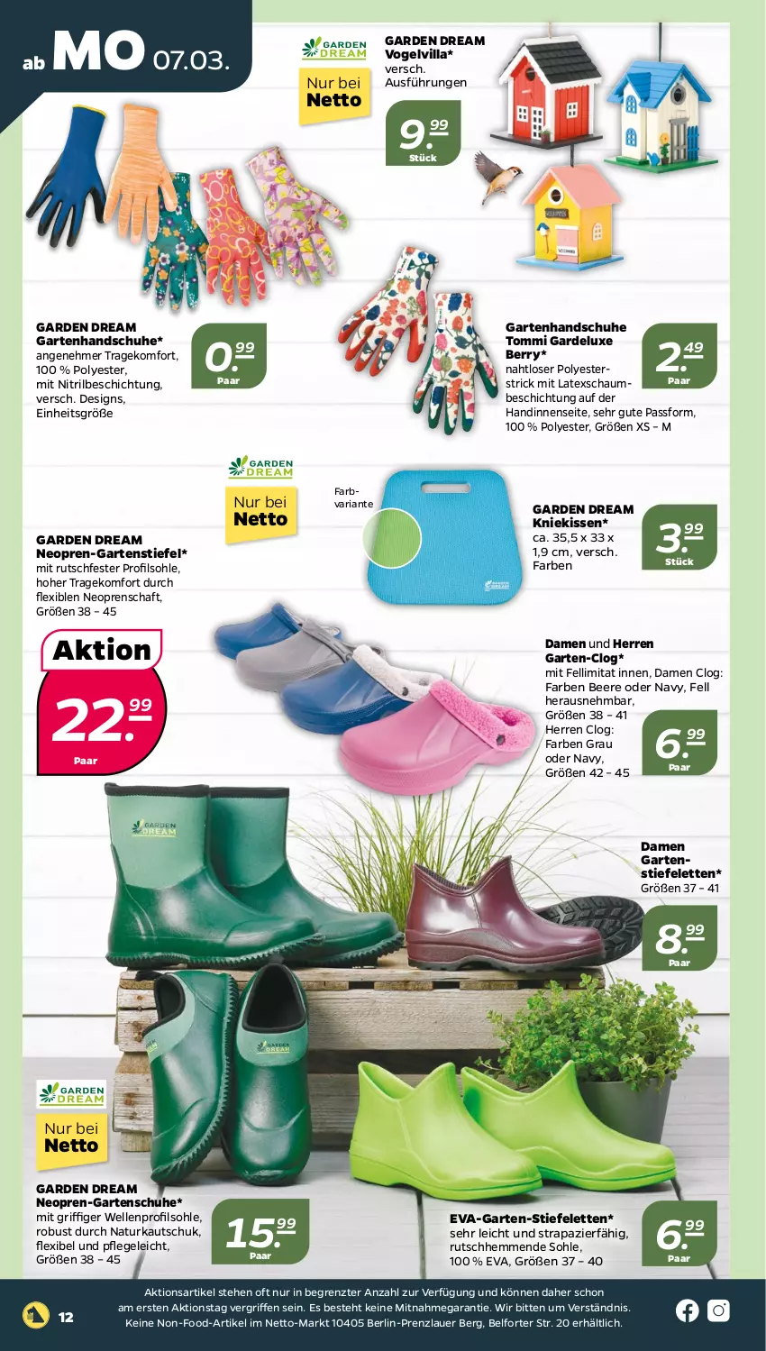 Aktueller Prospekt Netto - Angebote ab Montag - von 07.03 bis 12.03.2022 - strona 12 - produkty: auer, beere, elle, Garten, handschuhe, kissen, Kniekissen, natur, Ria, schuhe, Stiefeletten, Ti, ZTE