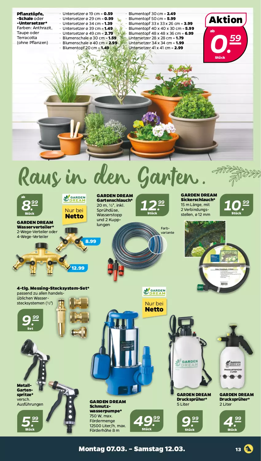 Aktueller Prospekt Netto - Angebote ab Montag - von 07.03 bis 12.03.2022 - strona 13 - produkty: blume, blumen, elle, Garten, gartenschlauch, LG, pflanze, pflanzen, Ria, Schal, Schale, schlauch, Ti, topf, Untersetzer, wasser