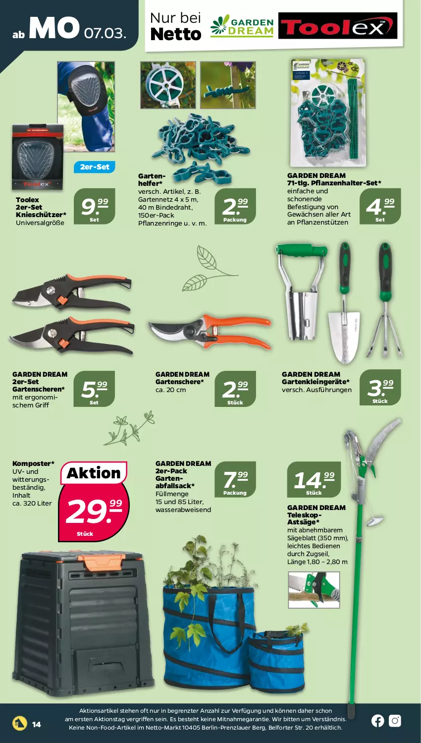 Aktueller Prospekt Netto - Angebote ab Montag - von 07.03 bis 12.03.2022 - strona 14 - produkty: auer, Draht, eis, Garten, Gartenschere, Komposter, LG, pflanze, pflanzen, ring, sac, säge, Schere, Schütze, Teleskop, Ti, wasser, ZTE