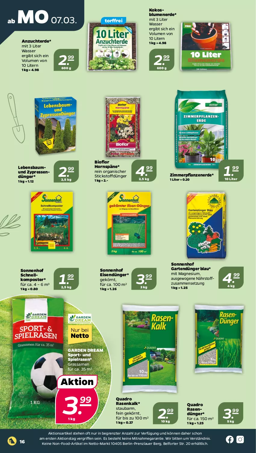 Aktueller Prospekt Netto - Angebote ab Montag - von 07.03 bis 12.03.2022 - strona 16 - produkty: auer, Bau, bio, blume, blumen, blumenerde, dünger, eis, erde, Garten, kokos, Komposter, magnesium, pflanze, pflanzen, quad, Quadro, rasen, rasendünger, Sport, Ti, wasser, ZTE