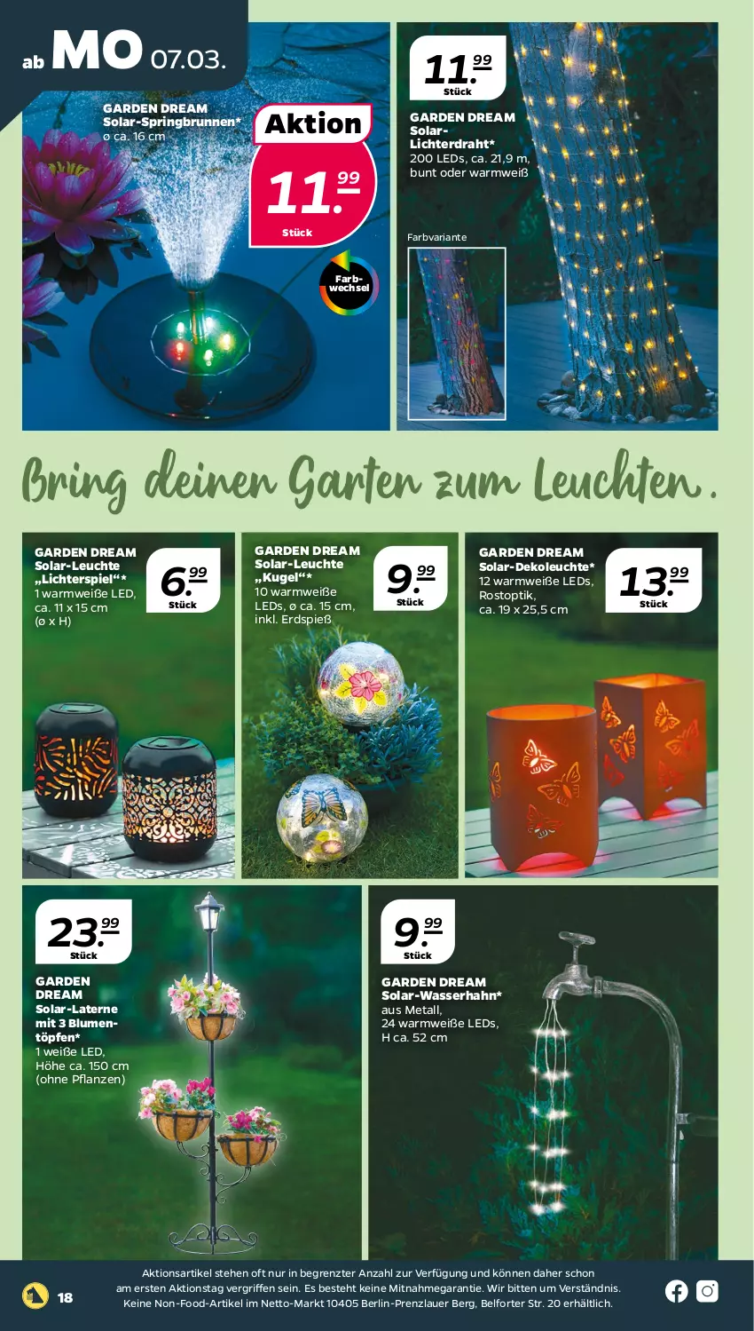 Aktueller Prospekt Netto - Angebote ab Montag - von 07.03 bis 12.03.2022 - strona 18 - produkty: auer, blume, blumen, brunnen, Dekoleuchte, Draht, Garten, Kugel, laterne, leds, Leuchte, leuchten, pflanze, pflanzen, Ria, ring, Ti, wasser, ZTE