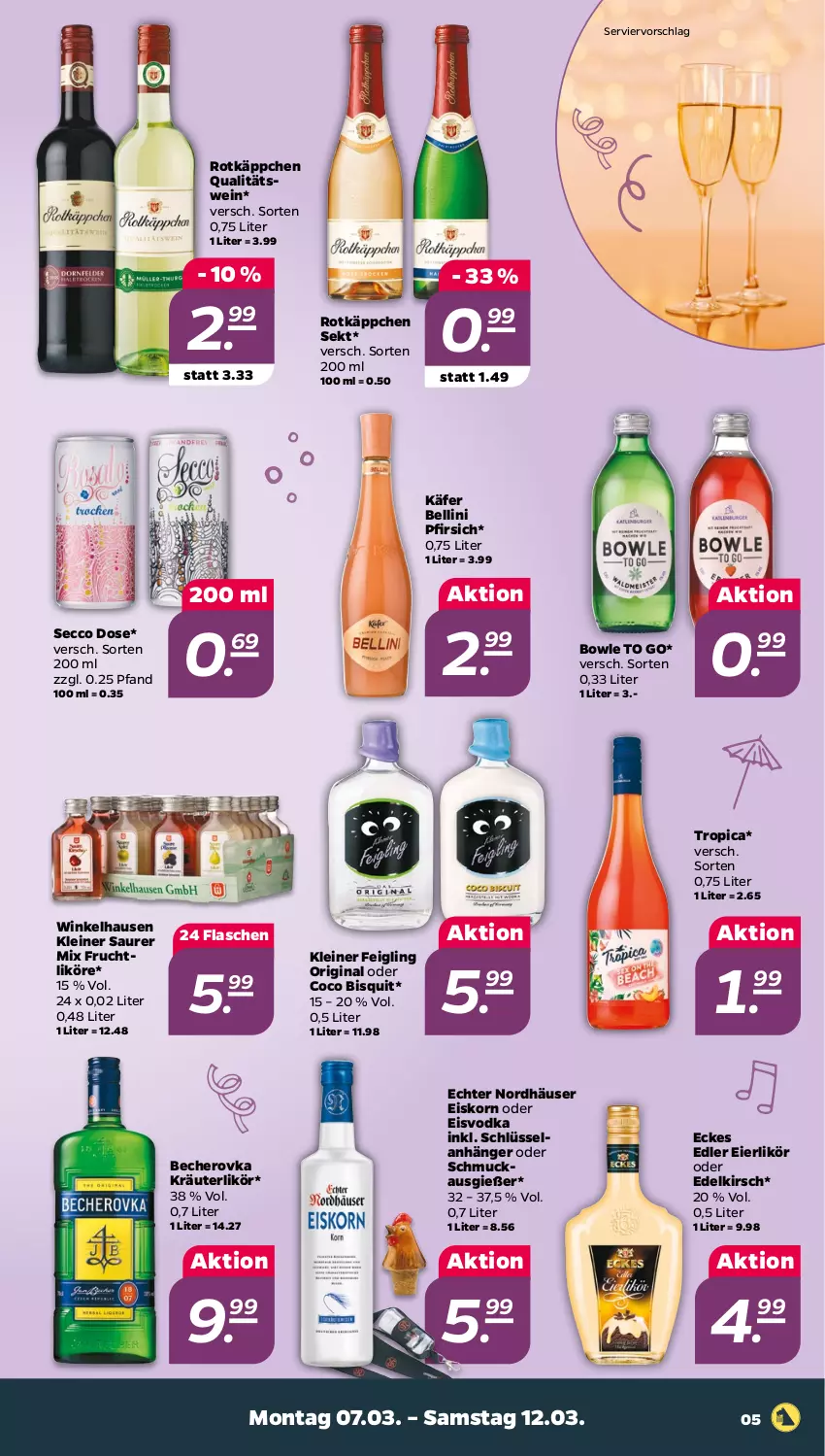 Aktueller Prospekt Netto - Angebote ab Montag - von 07.03 bis 12.03.2022 - strona 5 - produkty: Anhänger, Becher, Becherovka, bowle, ecco, eier, eierlikör, eis, Elan, flasche, frucht, gin, hero, käfer, kirsch, kleiner feigling, korn, kräuter, kräuterlikör, leine, likör, pfirsich, qualitätswein, rotkäppchen, Schmuck, sekt, Ti, vodka, wein, winkelhausen