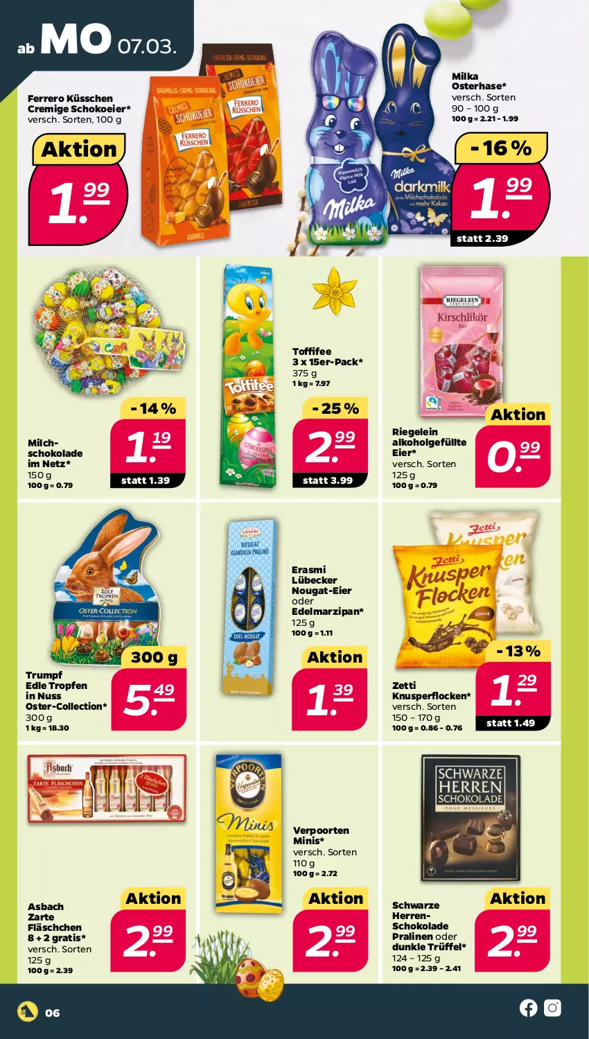 Aktueller Prospekt Netto - Angebote ab Montag - von 07.03 bis 12.03.2022 - strona 6 - produkty: alkohol, Edelmarzipan, eier, ferrero, Ferrero Küsschen, Knusperflocken, LG, Lübecker, marzipan, milch, milka, nuss, pralinen, riegel, rum, schoko, schokolade, Ti, toffifee, Trüffel, verpoorten