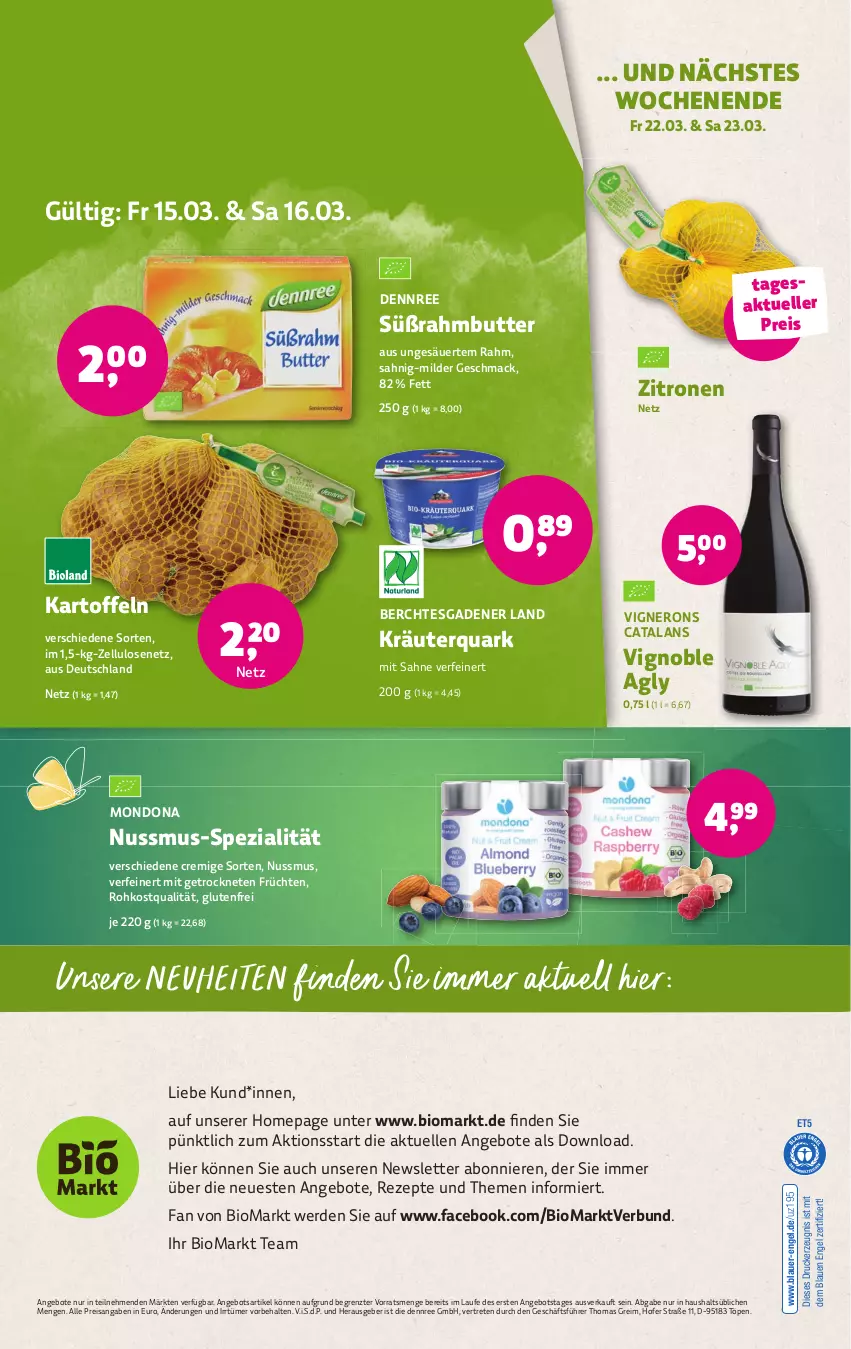 Aktueller Prospekt Denns Biomarkt - von 13.03 bis 23.03.2024 - strona 20 - produkty: angebot, angebote, auer, bio, butter, dennree, drucker, eis, elle, Engel, erde, früchte, früchten, kartoffel, kartoffeln, kerze, kräuter, mac, nero, neuheit, nuss, Omep, quark, reis, rezept, rezepte, sahne, Spezi, Süßrahmbutter, Ti, zitrone, zitronen, ZTE