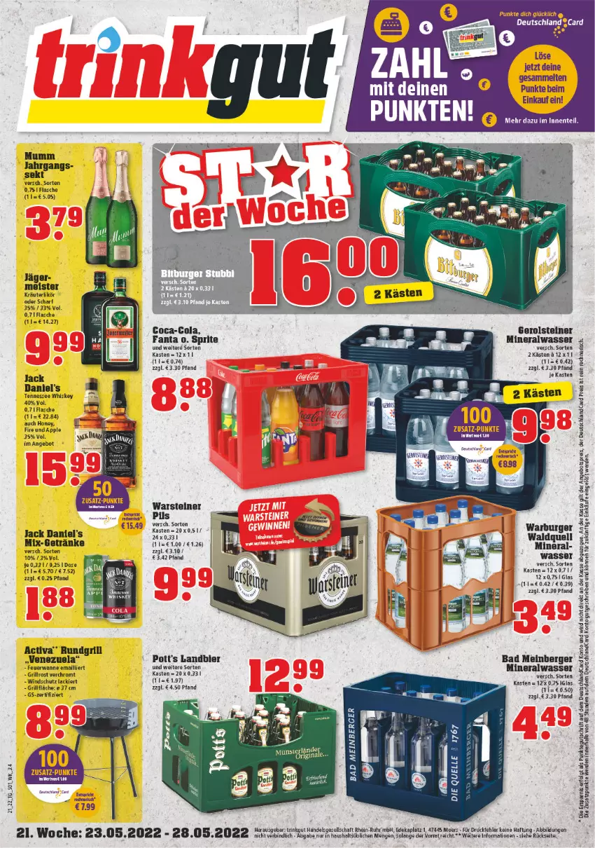 Aktueller Prospekt Trinkgut - von 23.05 bis 28.05.2022 - strona 1 - produkty: activa, Alwa, angebot, angebotspreis, Apple, Bad, Berger, bier, burger, coca-cola, cola, deka, deutschlandcard, eis, ente, erde, fanta, flasche, gerolsteine, gerolsteiner, getränk, getränke, gin, grill, grillfläche, grillrost, jack daniel, jack daniel's, kräuter, kräuterlikör, lack, LG, likör, Meister, mineralwasser, mumm, pils, reis, rundgrill, sekt, sprite, steiner, tee, tennessee whiskey, Ti, uhr, Wanne, warsteiner, wasser, whiskey, Windschutz