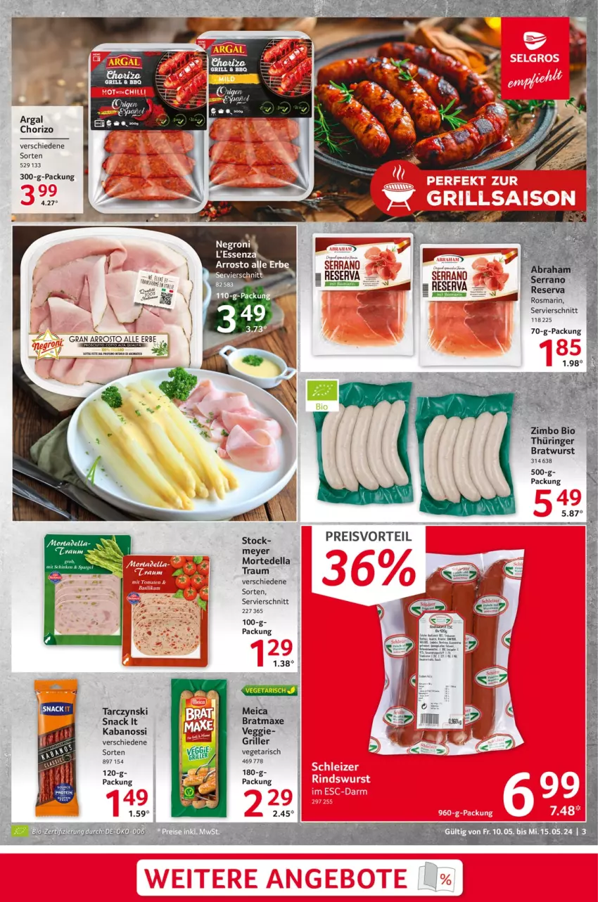 Aktueller Prospekt Selgros - Food - von 10.05 bis 15.05.2024 - strona 3 - produkty: axe, bio, bratmaxe, bratwurst, chorizo, dell, eis, grill, kabanos, meica, preisvorteil, reis, ring, rosmarin, serrano, snack, Vegeta, veggie, wurst, zimbo