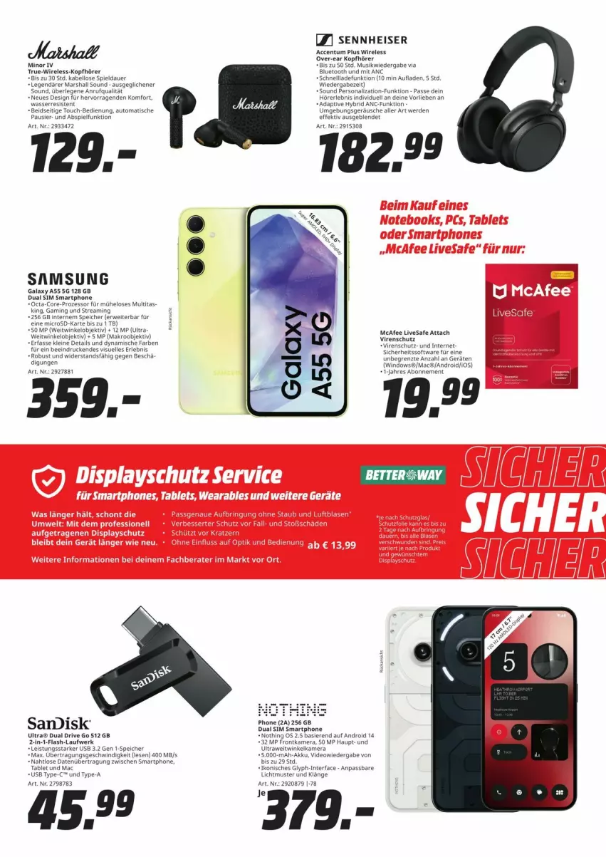 Aktueller Prospekt Media Markt - Prospekte - von 26.08 bis 01.09.2024 - strona 4 - produkty: ACC, akku, auer, auto, bett, deo, Dual SIM, eis, elle, erde, frontkamera, kamera, kopfhörer, leine, LG, livesafe, mac, mars, microsd, Persona, rel, rwe, Samsung, samsung galaxy, Samsung Galaxy A, sennheiser, sim, smartphone, Software, Ti, tisch, usb, wasser, ZTE