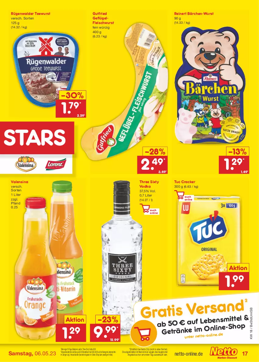 Aktueller Prospekt Netto Marken-Discount - Filial-Angebote - von 02.05 bis 06.05.2023 - strona 17 - produkty: angebot, bestpreis, cracker, eis, fleisch, fleischwurst, Geflügel, gutfried, lebensmittel, ndk, reinert, reis, rügenwalder, tee, teewurst, Three Sixty, Ti, tuc, valensina, versandkostenfrei, vodka, wurst, ZTE