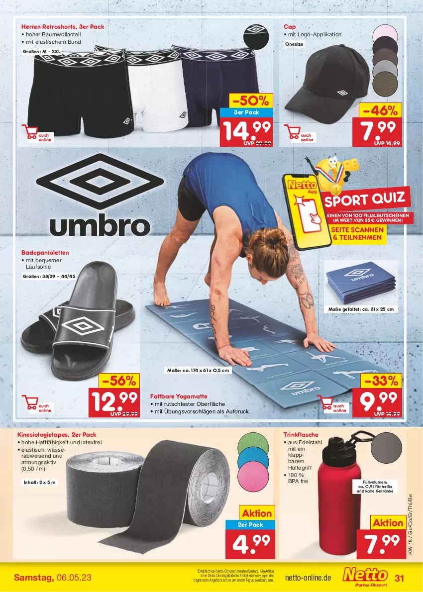 Aktueller Prospekt Netto Marken-Discount - Filial-Angebote - von 02.05 bis 06.05.2023 - strona 31 - produkty: angebot, asti, Bad, Bau, Cap, edelstahl, eis, flasche, getränk, getränke, gutschein, gutscheine, LG, pantolette, pantoletten, retroshorts, shorts, Sport, Ti, tisch, trinkflasche, wasser, Yo, ZTE