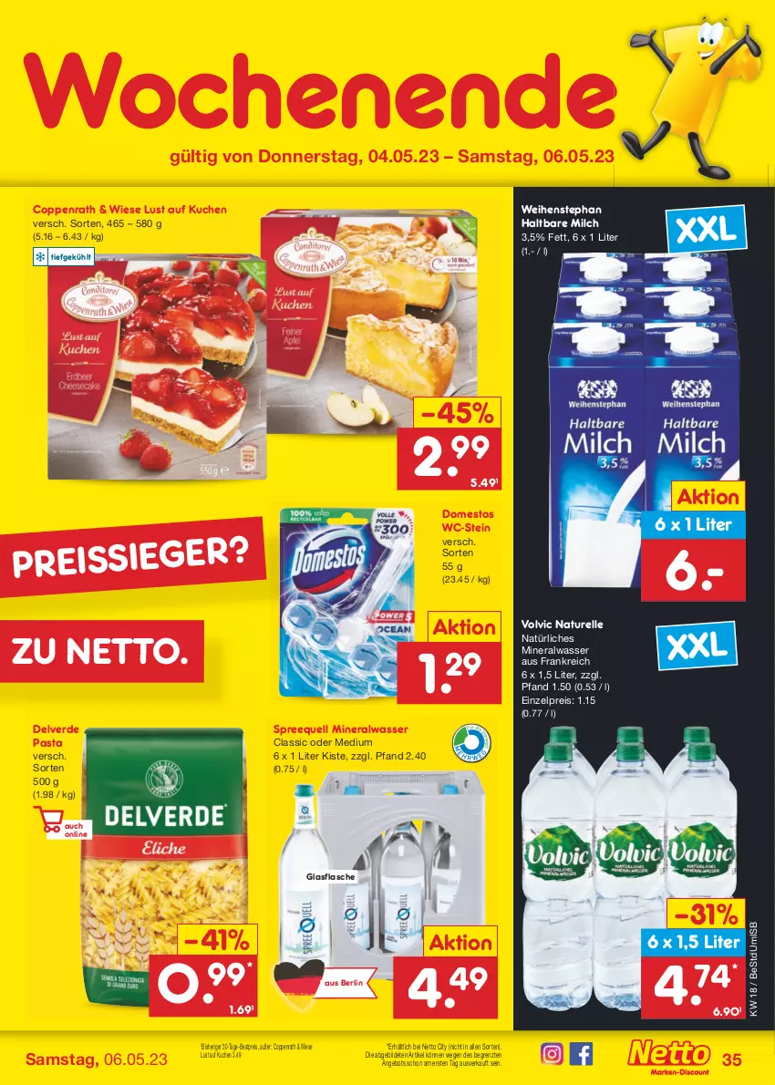 Aktueller Prospekt Netto Marken-Discount - Filial-Angebote - von 02.05 bis 06.05.2023 - strona 35 - produkty: Alwa, angebot, bestpreis, coppenrath, domestos, eis, elle, erde, flasche, glasflasche, haltbare milch, kuchen, Lust auf Kuchen, milch, mineralwasser, Mineralwasser Classic, natur, natürliches mineralwasser, pasta, reis, reiss, rel, Spreequell, Ti, volvic, wasser, weihenstephan, ZTE