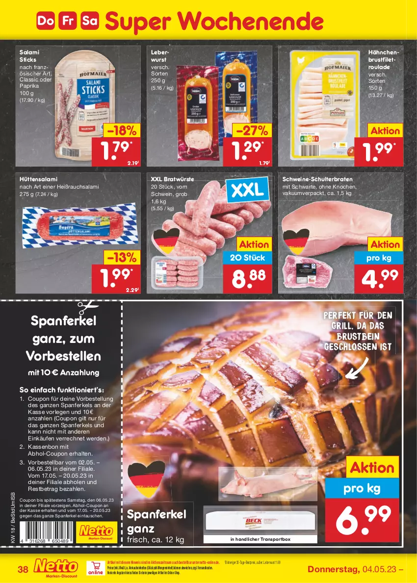 Aktueller Prospekt Netto Marken-Discount - Filial-Angebote - von 02.05 bis 06.05.2023 - strona 38 - produkty: bestpreis, braten, brustfilet, coupon, eis, elle, erde, filet, grill, hähnchenbrust, hähnchenbrustfilet, leberwurst, ndk, paprika, Rauch, reis, salami, schwein, schweine, Sport, Ti, wein, weine, wurst