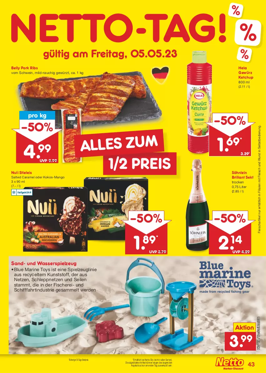 Aktueller Prospekt Netto Marken-Discount - Filial-Angebote - von 02.05 bis 06.05.2023 - strona 43 - produkty: angebot, bestpreis, brillant sekt, caramel, eis, erde, fisch, fische, Fischer, fleisch, gewürz, Hela, ketchup, kokos, mango, nuii, Rauch, reis, Schere, schwein, sekt, söhnlein, söhnlein brillant, spielzeug, stieleis, Ti, wasser, wein, wurst, wurst in selbstbedienung, ZTE