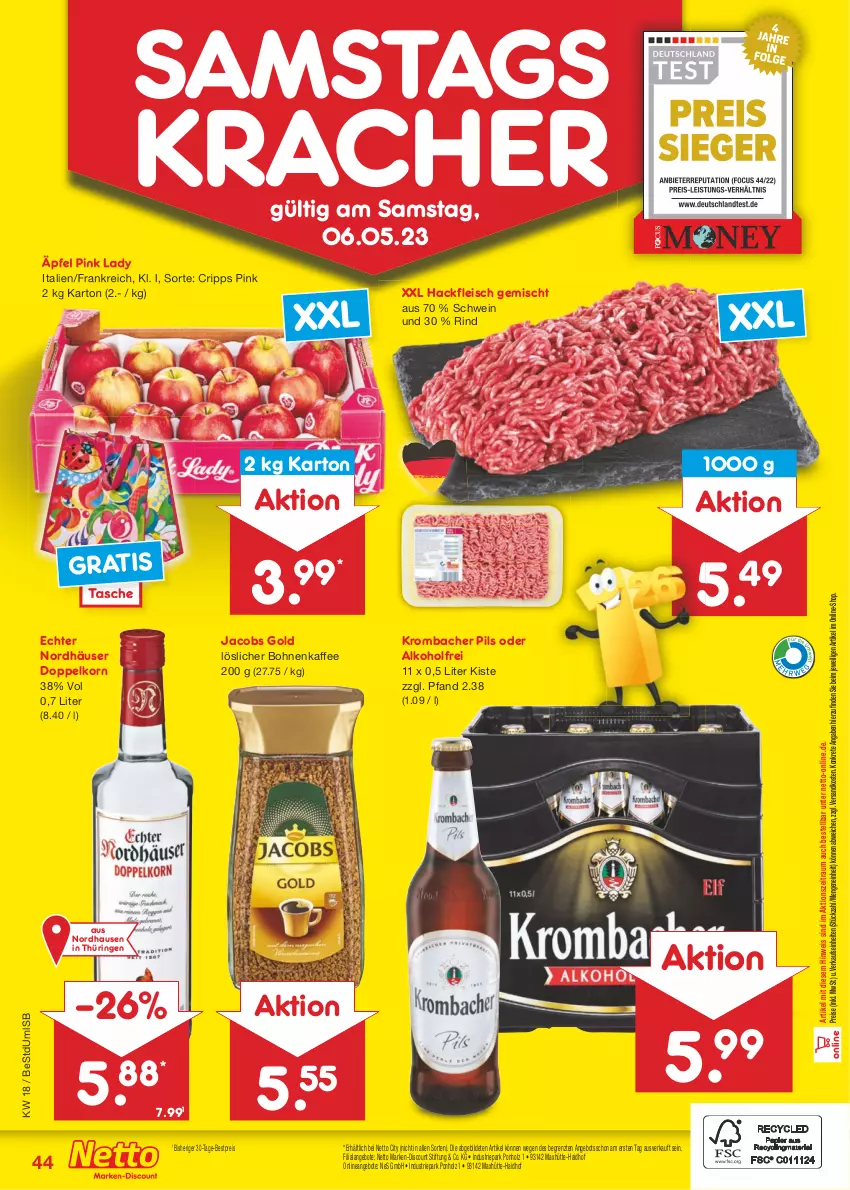 Aktueller Prospekt Netto Marken-Discount - Filial-Angebote - von 02.05 bis 06.05.2023 - strona 44 - produkty: alkohol, angebot, angebote, bestpreis, bohne, bohnen, bohnenkaffee, discount, doppelkorn, eis, fleisch, hackfleisch, hackfleisch gemischt, Holz, jacobs, Jacobs Gold, kaffee, korn, kracher, krombache, krombacher, krombacher pils, löslicher bohnenkaffee, marken-discount, ndk, pils, Pink Lady, reis, rind, ring, schwein, Tasche, Ti, wein, ZTE