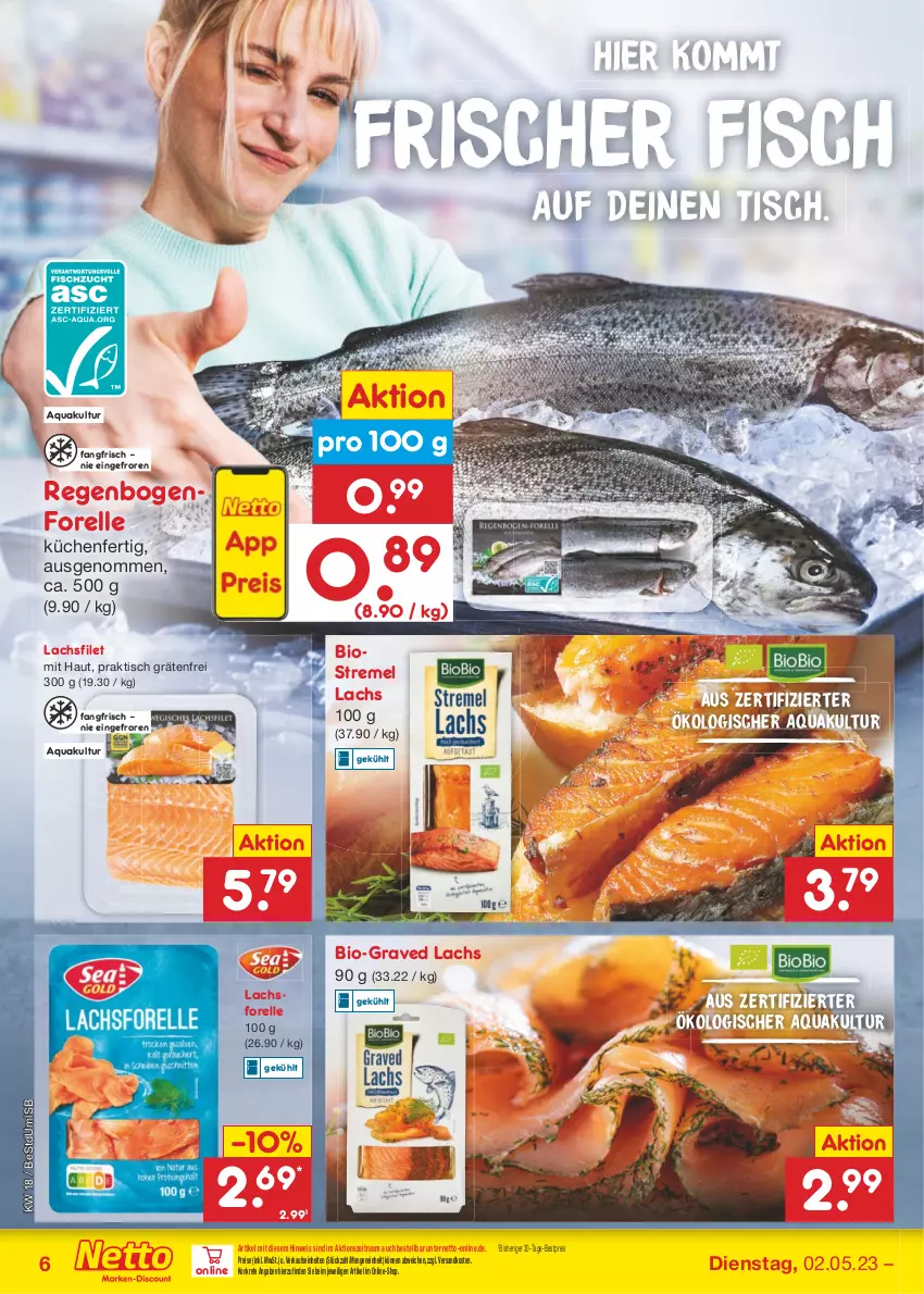 Aktueller Prospekt Netto Marken-Discount - Filial-Angebote - von 02.05 bis 06.05.2023 - strona 6 - produkty: aqua, bestpreis, bio, eis, elle, filet, fisch, forelle, Graved Lachs, küche, Küchen, lachs, lachsfilet, ndk, reis, rel, Ti, tisch