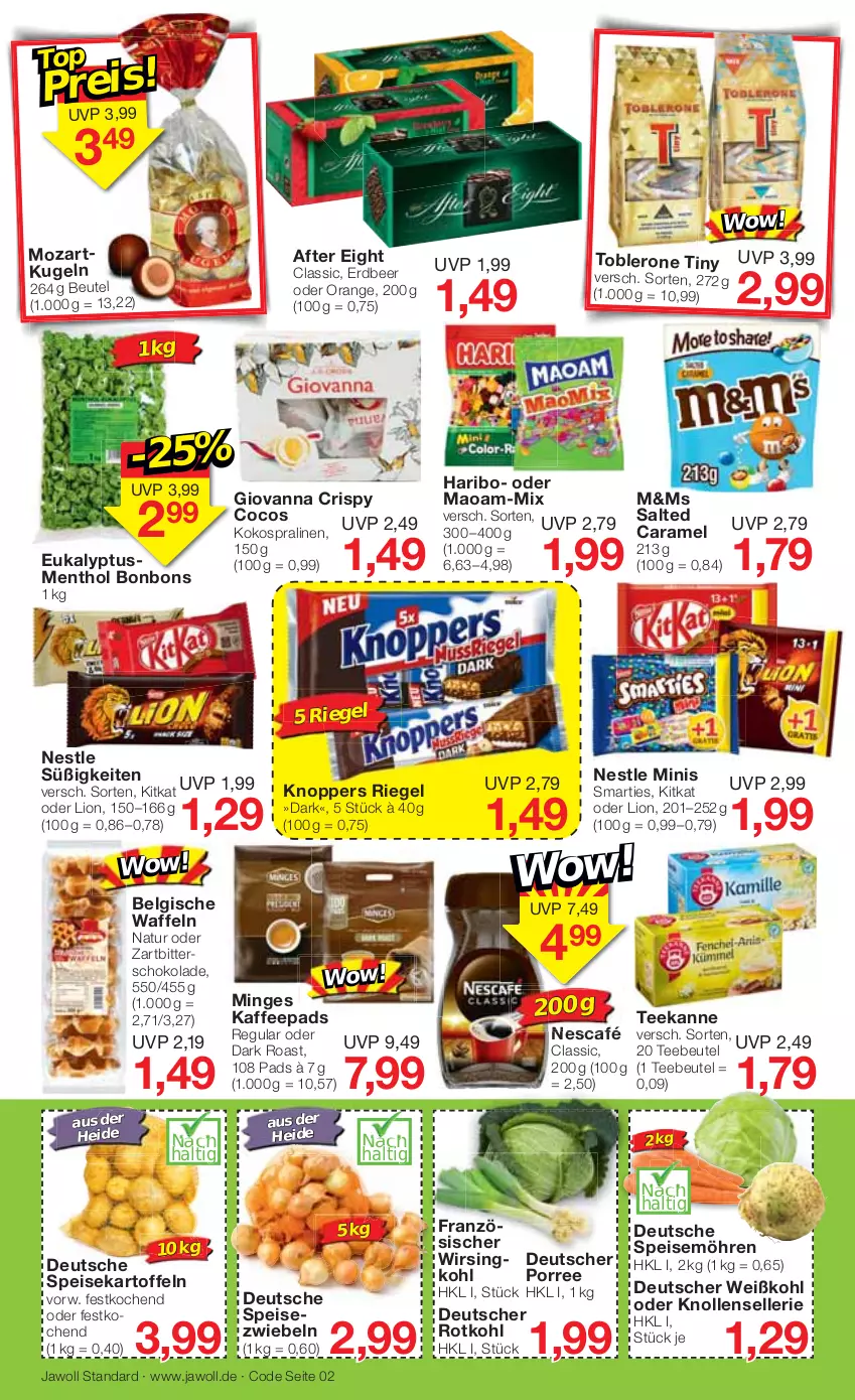 Aktueller Prospekt Jawoll - Prospekte - von 23.01 bis 29.01.2022 - strona 2 - produkty: after eight, beutel, bonbons, caramel, cocos, eis, elle, haribo, kaffee, kaffeepads, kartoffel, kartoffeln, kitkat, knoppers, kokos, Kugel, LG, lion, maoam, möhren, natur, Nescafé, orange, pralinen, reis, riegel, rotkohl, schoko, schokolade, smarties, speisekartoffeln, speisemöhren, Speisezwiebeln, tee, Teebeutel, teekanne, Ti, toblerone, waffeln, Weißkohl, Wirsing, Zartbitterschokolade, zwiebel, zwiebeln