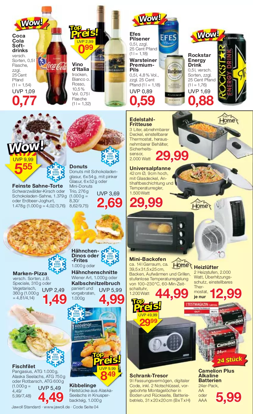 Aktueller Prospekt Jawoll - Prospekte - von 23.01 bis 29.01.2022 - strona 4 - produkty: backofen, batterie, batterien, Behälter, braten, Camelion, cola, decke, Deckel, Donut, donuts, drink, drinks, edelstahl, eis, energy drink, filet, filets, fisch, flasche, fritteuse, garraum, Glasdeckel, grill, joghur, joghurt, kirsch, lachs, lion, Ofen, Pangasius, pfanne, pils, pilsener, pizza, reis, Rockstar, Rotbarsch, sahne, Schal, schnitzel, schoko, schokolade, schokoladen, Schrank, steiner, thermostat, Ti, torte, überhitzungsschutz, uhr, Vegeta, warsteiner, wiener