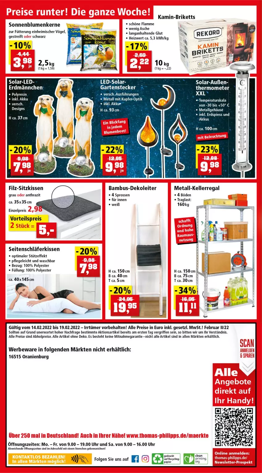 Aktueller Prospekt Thomas Philipps - Prospektwerbung - von 14.02 bis 19.02.2022 - strona 8 - produkty: abholpreise, akku, alle preise sind abholpreise, bambus, blume, blumen, briketts, Clin, eis, elle, Garten, Kamin, kissen, lamm, LG, papier, regal, reis, sitzkissen, sonnenblume, sonnenblumen, Sonnenblumenkerne, thermometer, Ti, uhr, vorteilspreis