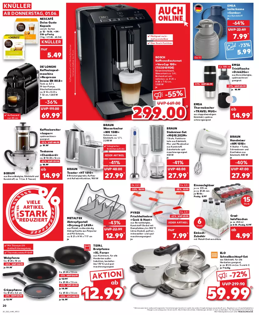 Aktueller Prospekt Kaufland - Prospekt - von 01.06 bis 07.06.2023 - strona 20 - produkty: angebot, angebote, auto, backofen, Becher, bodum, bosch, bratpfanne, braun, brötchen, brötchenaufsatz, Brühe, decke, Deckel, dolce gusto, drink, edelstahl, elle, emsa, espresso, flasche, Gläser, handmixer, herdarten, isolierkanne, K2, kaffee, kaffeebereiter, kaffeevollautomat, Kapselmaschine, Kocher, Kochtopf, LG, mac, Messbecher, metaltex, mikrowelle, milch, milchaufschäumer, Mixer, Nescafé, nespresso, Ofen, pfanne, pyrex, Q10, Schal, Schneebesen, Schnellkochtopf, spülmaschinen, stabmixer, tasse, tee, teekanne, tefal, Ti, toast, toaster, topf, topf-set, travel mug, trinkflasche, wasser, wasserkocher, wassertank, wok, ZTE