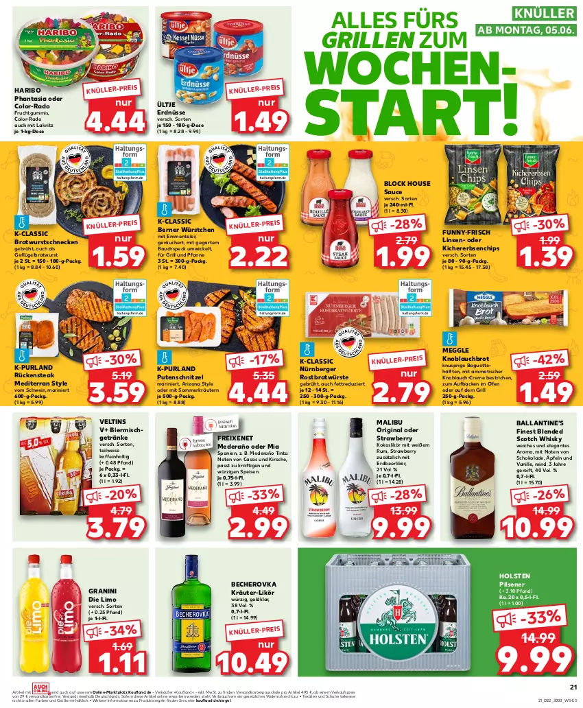 Aktueller Prospekt Kaufland - Prospekt - von 01.06 bis 07.06.2023 - strona 21 - produkty: baguette, ball, Ballantine's, Bau, Becher, Becherovka, Berger, bier, blended scotch, blended scotch whisky, bratwurst, brot, cassis, chips, creme, eis, emmentaler, erbsen, erde, erdnüsse, freixenet, frucht, fruchtgummi, fruchtgummis, funny-frisch, für grill und pfanne, Geflügel, getränk, getränke, gin, granini, granini die limo, grill, grill und pfanne, haribo, hero, holsten, holsten pilsener, kichererbsen, kirsch, kirsche, knoblauch, kokos, kräuter, kräutern, Lakritz, likör, limo, linsen, Malibu, meggle, ndk, nürnberger, Ofen, pfanne, pils, pilsener, purland, pute, putenschnitzel, Rauch, reis, roséwein, rotwein, Rückensteak, rum, sauce, Schal, Schale, schnitzel, schoko, schokolade, schuhe, schwein, scotch, scotch whisky, Speck, steak, Ti, tisch, ültje, ültje erdnüsse, und pfanne, vanille, veltins, versandkostenfrei, wein, whisky, WICK, wurst, würstchen