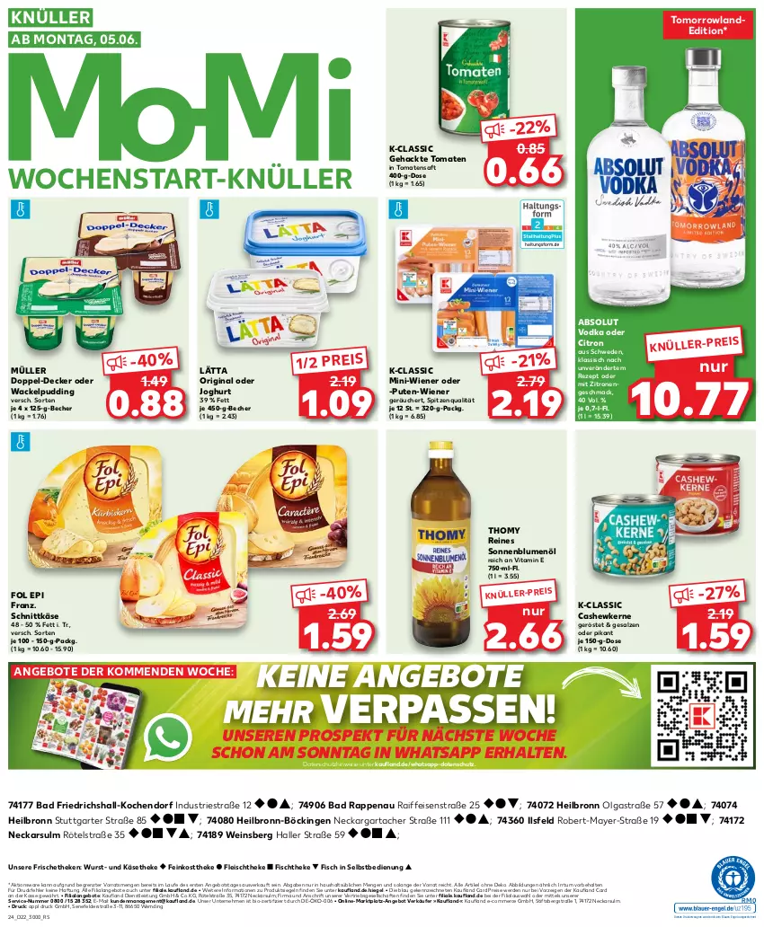 Aktueller Prospekt Kaufland - Prospekt - von 01.06 bis 07.06.2023 - strona 24 - produkty: Absolut Vodka, angebot, angebote, Astra, Bad, Becher, bio, blume, blumen, blumenöl, Cashew, cashewkerne, decke, drucker, eis, Engel, erde, feinkost, feinkosttheke, fisch, fischtheke, fleisch, fol epi, gin, joghur, joghurt, Käse, käsetheke, kerze, lätta, LG, mac, Müller, pudding, pute, reis, rezept, saft, salz, schnittkäse, sonnenblume, sonnenblumen, sonnenblumenöl, spitzenqualität, thomy, Ti, tomate, tomaten, Tomatensaft, vita, vodka, wein, wiener, wurst, zitrone, zitronen, ZTE