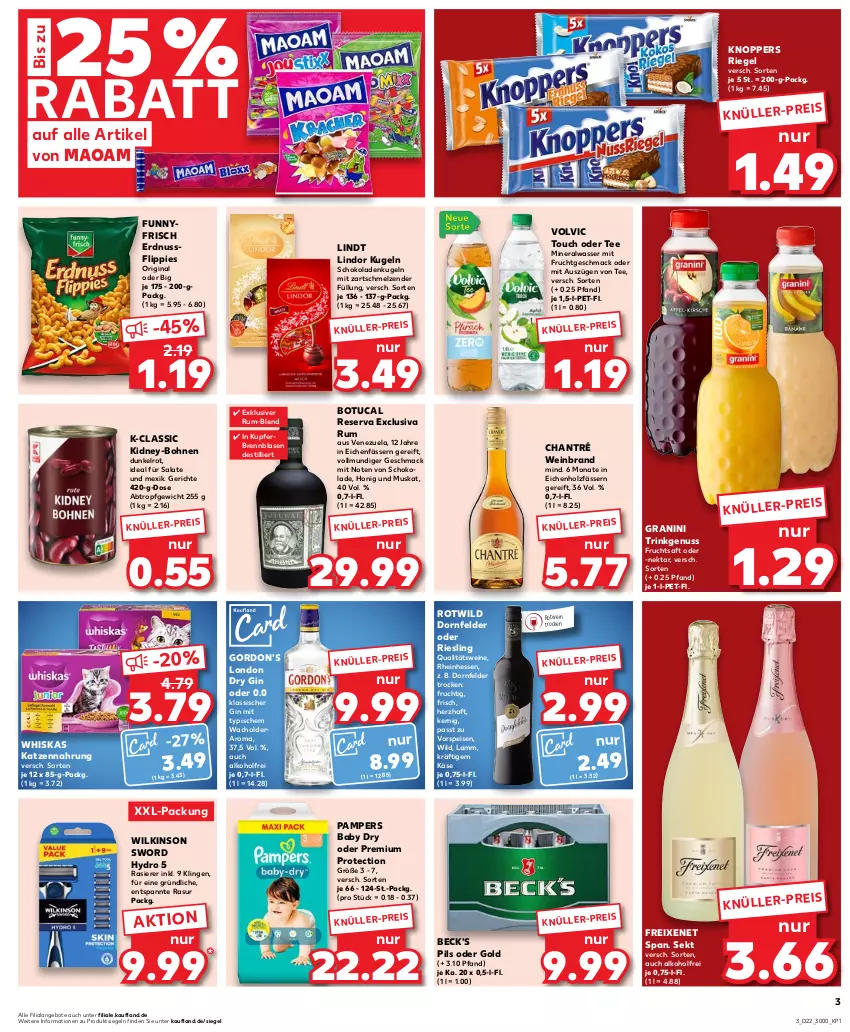 Aktueller Prospekt Kaufland - Prospekt - von 01.06 bis 07.06.2023 - strona 3 - produkty: alkohol, Alwa, angebot, angebote, beck's, bohne, bohnen, chantré, dornfelder, dry gin, eis, erdnuss, flippies, freixenet, frucht, fruchtsaft, gin, gordon, gordon's, granini, Holz, honig, Käse, katzennahrung, kidney, knoppers, Kugel, lamm, lindor, lindt, london dry, london dry gin, mac, maoam, mineralwasser, mit frucht, Nektar, nuss, pampers, pampers baby dry, pils, qualitätswein, qualitätsweine, rasierer, riegel, riesling, rotwein, rum, saft, salat, salate, schoko, schokolade, schokoladen, sekt, tee, Ti, tuc, volvic, vorspeise, wasser, wein, weinbrand, weine, whiskas, Wild, wilkinson, xxl-packung