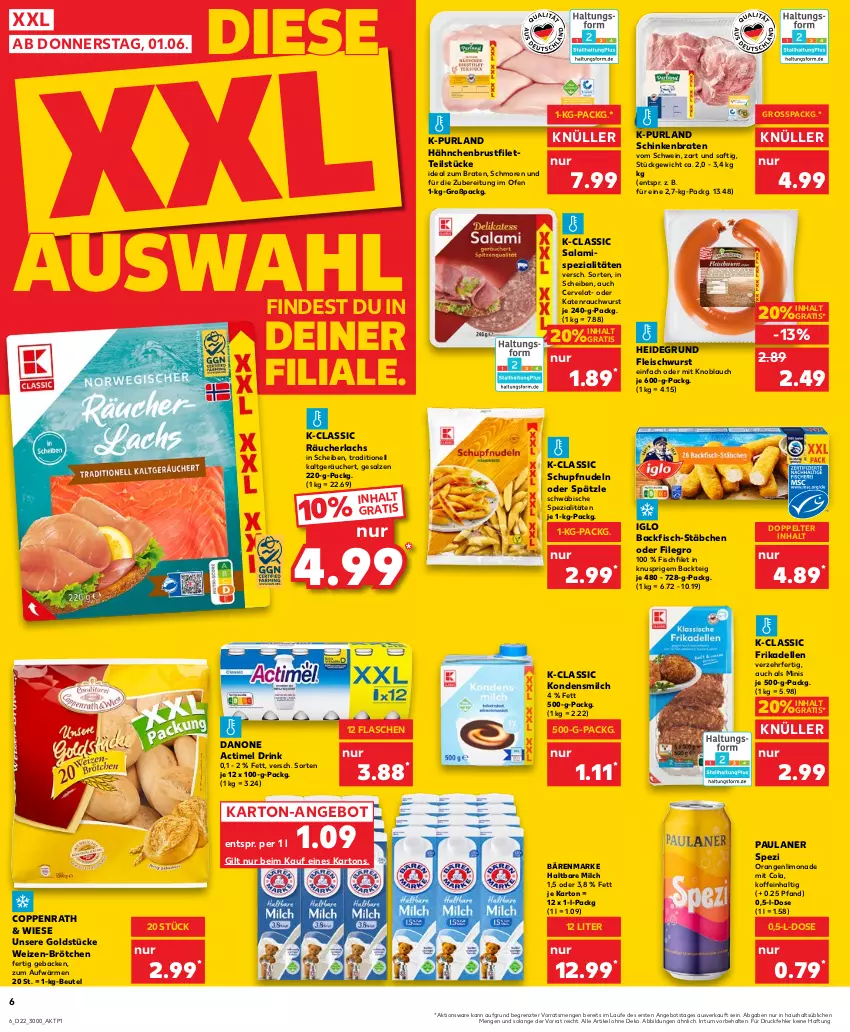 Aktueller Prospekt Kaufland - Prospekt - von 01.06 bis 07.06.2023 - strona 6 - produkty: actimel, actimel drink, angebot, backfisch, bärenmarke, beutel, braten, brötchen, brustfilet, cola, coppenrath, danone, danone actimel drink, dell, drink, eis, elle, filegro, filet, fisch, flasche, fleisch, fleischwurst, frikadellen, geback, Goldstücke, hähnchenbrust, hähnchenbrustfilet, haltbare milch, ideal zum braten, iglo, knoblauch, kondensmilch, lachs, limo, limonade, milch, mit knoblauch, nudel, nudeln, Ofen, orange, orangen, Paula, paulaner, purland, Rauch, Räucherlachs, saft, salami, salz, schinken, schinkenbraten, schwein, Spezi, Ti, wein, wurst, ZTE