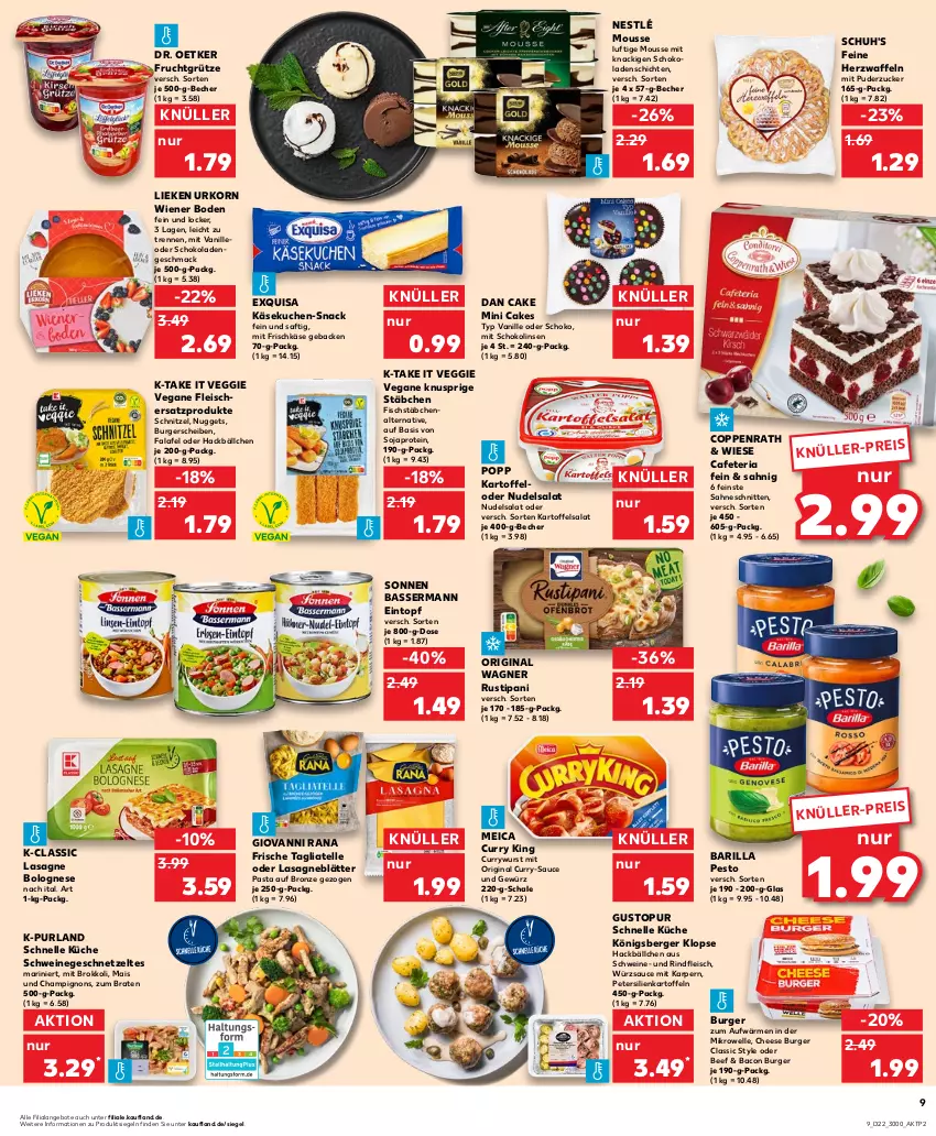 Aktueller Prospekt Kaufland - Prospekt - von 01.06 bis 07.06.2023 - strona 9 - produkty: angebot, angebote, bacon, barilla, Becher, beef, Berger, bolognese, braten, brokkoli, burger, champignon, champignons, coppenrath, curry, currywurst, Dr. Oetker, eintopf, eis, elle, exquisa, Falafel, fisch, fischstäbchen, fleisch, frischkäse, frucht, fruchtgrütze, geback, geschnetzeltes, gewürz, gin, giovanni rana, grütze, kartoffel, kartoffeln, kartoffelsalat, Käse, käsekuchen, Königsberger Klopse, korn, küche, kuchen, lasagne, Lasagneblätter, lieken, linsen, mac, mais, meica, mikrowelle, mousse, nestlé, nudel, nudelsalat, nuggets, original wagner, pasta, pesto, petersilie, Popp, purland, Rana, Ria, rind, rindfleisch, rustipani, saft, sahne, salat, sauce, Schal, Schale, schnitten, schnitzel, schoko, schokolade, schokoladen, Schokolinsen, schwein, schweine, snack, soja, tagliatelle, Ti, topf, urkorn, vanille, Vegane Fleisch, veggie, waffeln, wagner, wein, weine, wiener, wiener boden, wurst, würzsauce, Zelt, zucker