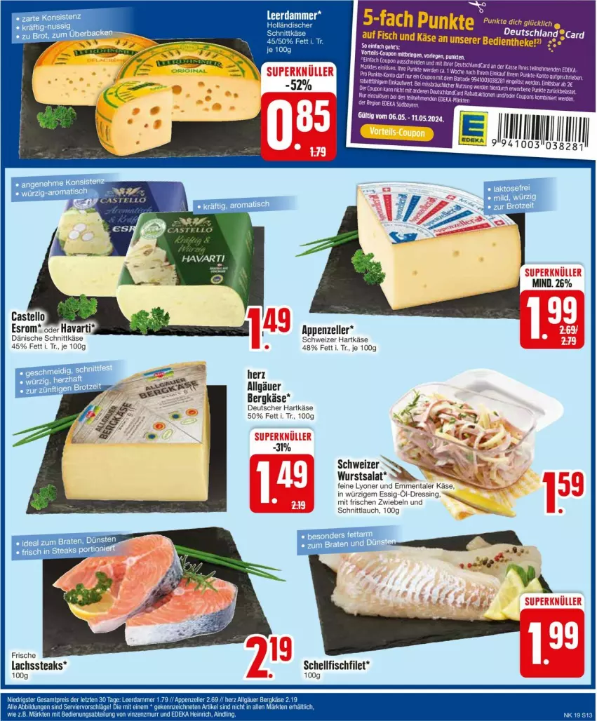 Aktueller Prospekt Edeka - Prospekte - von 06.05 bis 11.05.2024 - strona 15 - produkty: appenzeller, beere, beeren, Bergkäse, coupon, deka, dressing, eis, elle, emmentaler, essig, fisch, hartkäse, Käse, lachs, LG, lyoner, ring, salat, schnittkäse, schnittlauch, schweizer hartkäse, steak, steaks, tee, wurst, Yo, zwiebel, zwiebeln