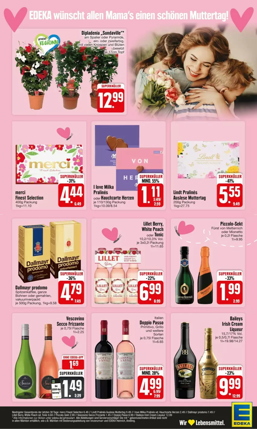 Aktueller Prospekt Edeka - Prospekte - von 06.05 bis 11.05.2024 - strona 2 - produkty: baileys, Blüte, bohne, bohnen, dallmayr, dallmayr prodomo, dip, dipladenia, doppio passo, ecco, eis, flasche, frizzante, fürst von metternich, grill, grillo, irish cream, kaffee, lebensmittel, lillet, lindt, liqueur, merci, Mett, metternich, milka, mionetto, passo, primitivo, prodomo, reis, sekt, Ti, tonic, topf, vescovino