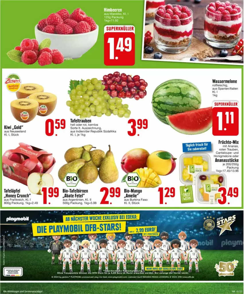 Aktueller Prospekt Edeka - Prospekte - von 06.05 bis 11.05.2024 - strona 5 - produkty: ananas, Ananasstücke, bio, Birnen, eis, Elan, ente, fleisch, früchte, honig, honigmelone, kiwi, melone, playmobil, tafeläpfel, tafelbirnen, tafeltrauben, Ti, trauben, wasser, wassermelone