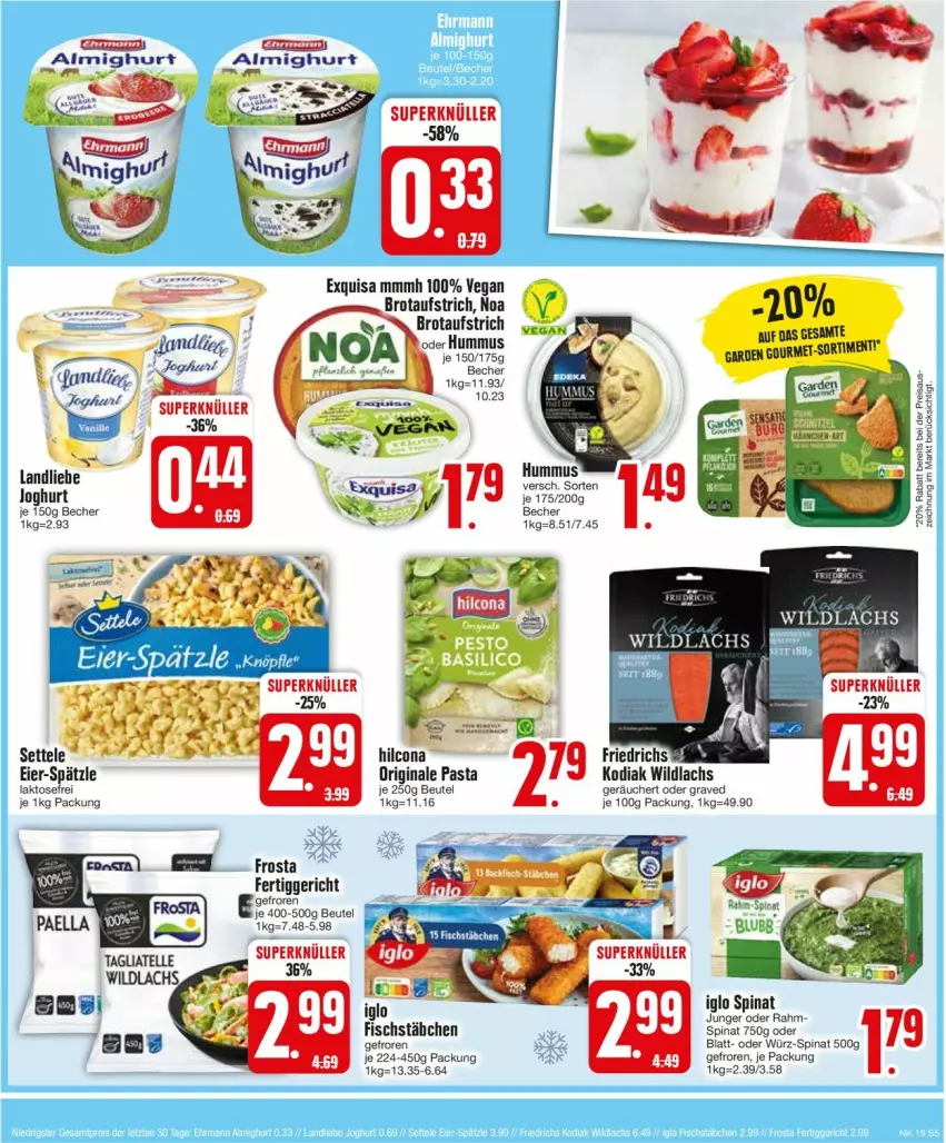 Aktueller Prospekt Edeka - Prospekte - von 06.05 bis 11.05.2024 - strona 7 - produkty: almighur, almighurt, aufstrich, beutel, brot, brotaufstrich, eier, exquisa, fertiggericht, fisch, fischstäbchen, frosta, gin, hilcona, hummus, iglo, lachs, pasta, settele, spinat, Ti, Wild, wildlachs, Yo