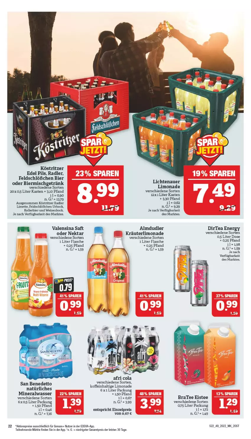 Aktueller Prospekt Marktkauf - Prospekt - von 04.12 bis 10.12.2022 - strona 22 - produkty: Afri Cola, aktionspreis, almdudler, Alwa, auer, bier, BraTee, cola, deka, eis, eistee, elle, flasche, getränk, kellerbier, köstritzer, kräuter, lichtenauer, limette, limo, limonade, Mett, mineralwasser, natürliches mineralwasser, Nektar, nuss, pils, radler, reis, saft, tee, Ti, valensina, wasser, ZTE