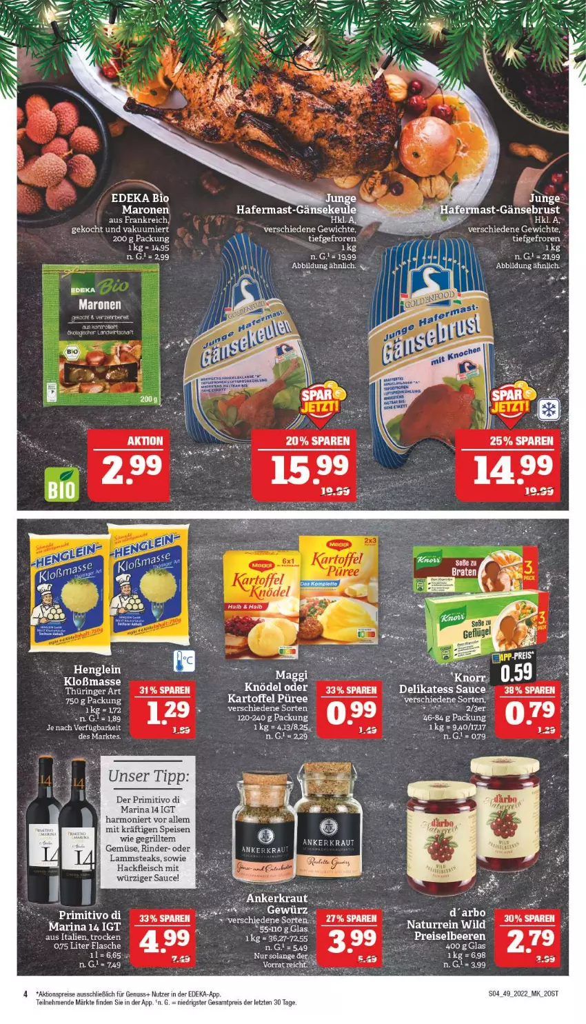 Aktueller Prospekt Marktkauf - Prospekt - von 04.12 bis 10.12.2022 - strona 4 - produkty: aktionspreis, beere, beeren, bio, deka, delikatess sauce, edeka bio, eis, flasche, fleisch, Gänsebrust, grill, hackfleisch, hafer, henglein, kartoffel, knorr, lamm, natur, nuss, primitivo, püree, reis, rind, rinder, ring, sauce, steak, steaks, Ti, ZTE