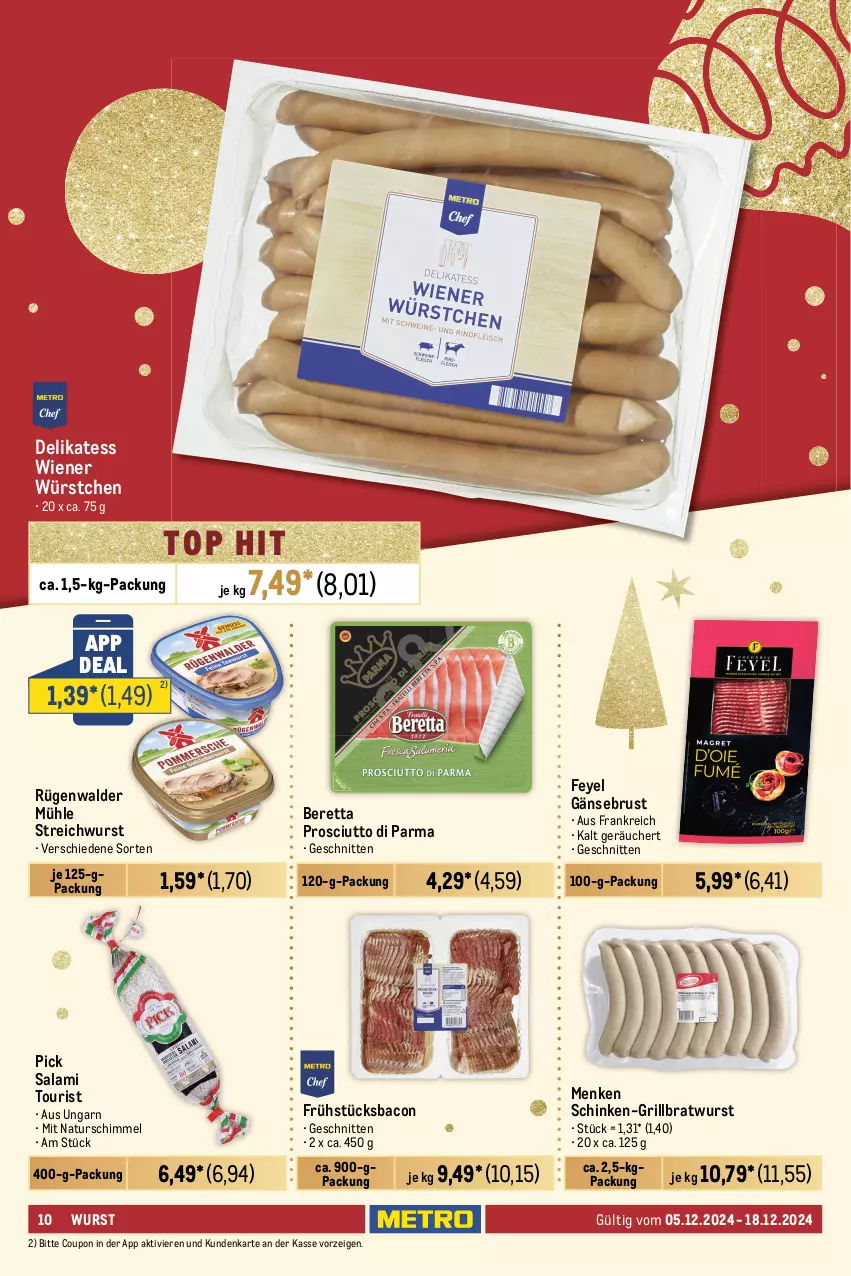 Aktueller Prospekt Metro - Food-Nonfood - von 05.12 bis 18.12.2024 - strona 10 - produkty: albray, arla, bacon, Becher, beutel, bratwurst, bresso, chaumes, coupon, finello, fol epi, Gänsebrust, grana, grana padano, grill, grillbratwurst, Käse, kräuter, kräutern, LG, mac, milch, mozzarella, natur, nuss, padano, prosciutto, Prosciutto di Parma, Rana, Reibekäse, rel, rügenwalder, rügenwalder mühle, salami, schafskäse, schinken, schnitten, schnittkäse, St. Albray, Ti, tisch, weichkäse, wiener, wiener würstchen, wurst, würstchen