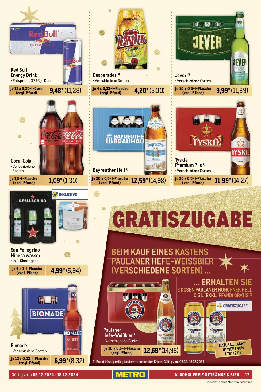 Aktueller Prospekt Metro - Food-Nonfood - von 05.12 bis 18.12.2024 - strona 17 - produkty: alkohol, alkoholfreie getränke, Alwa, auto, beutel, bier, bio, bionade, chips, coca-cola, cola, coupon, desperados, drink, eis, elle, energy drink, flasche, getränk, getränke, Hefe, jever, knoppers, LG, lindt, merci, milka, mineralwasser, natur, natura, Paula, paulaner, pils, popcorn, premium pils, red bull, salz, san pellegrino, schoko, schokolade, tafelschokolade, Ti, tisch, tyskie, wasser, weissbier