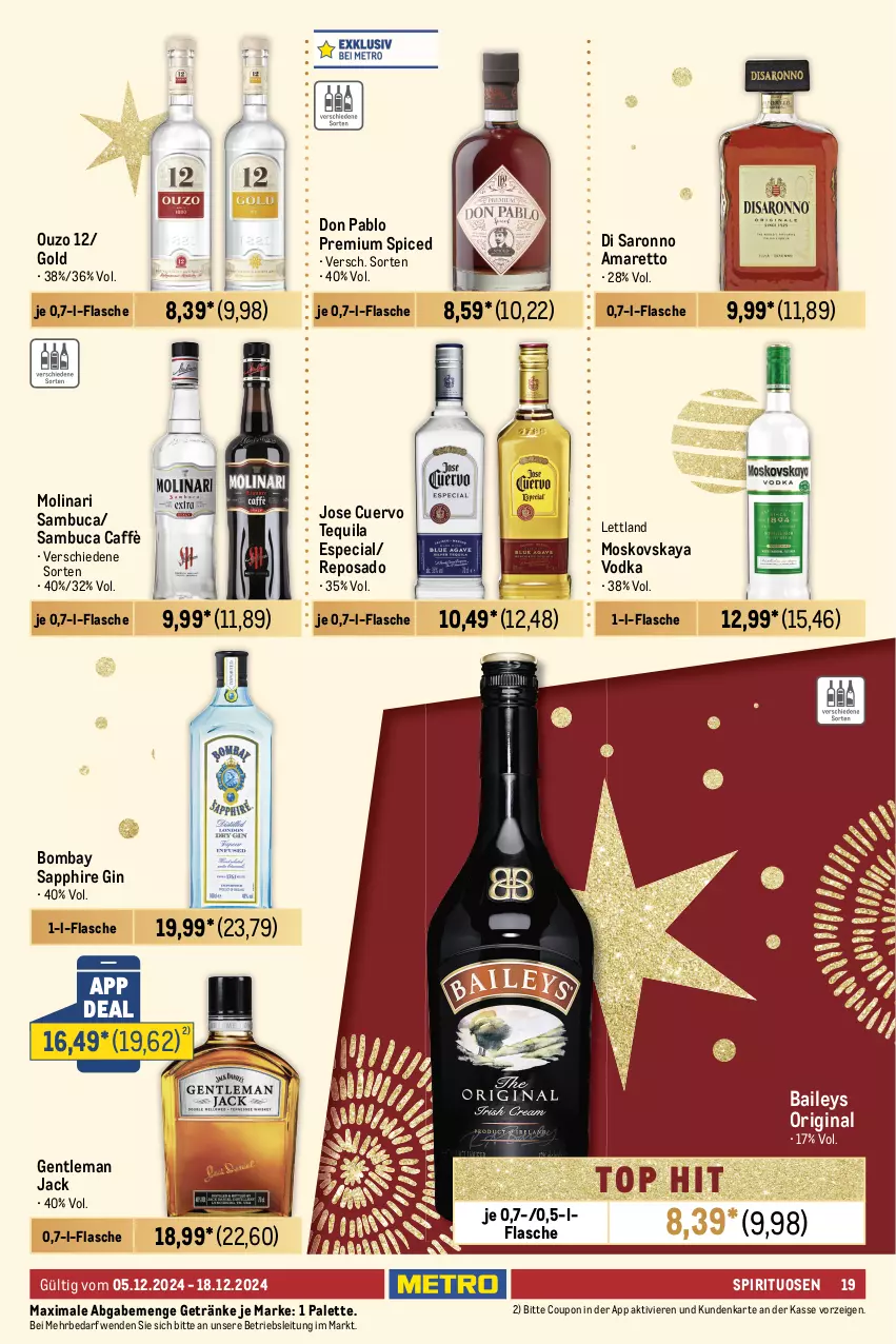 Aktueller Prospekt Metro - Food-Nonfood - von 05.12 bis 18.12.2024 - strona 19 - produkty: Amaretto, apfel, auer, Bad, baileys, beere, beeren, Blüte, bombay sapphire, brut, burgunder, cabernet, cabernet sauvignon, cassis, champagne, chardonnay, coupon, cuvée, de blancs, ecco, eis, elle, ente, flasche, frucht, getränk, getränke, gewürz, gin, grauburgunder, harman, henkel, henkell, henkell sekt, himbeer, himbeere, himbeeren, honig, käfer, mionetto, Molinari, moskovskaya, Müller, Müller-Thurgau, Oberbergener Baßgeige, ouzo, ouzo 12, Palette, perla, pfirsich, Pinot, pinot grigio, prosecco, reis, Ria, Rivaner, sac, sambuca, sapphire, saro, sauvignon, sekt, spirituosen, tequila, Ti, trauben, vodka, wein, weine