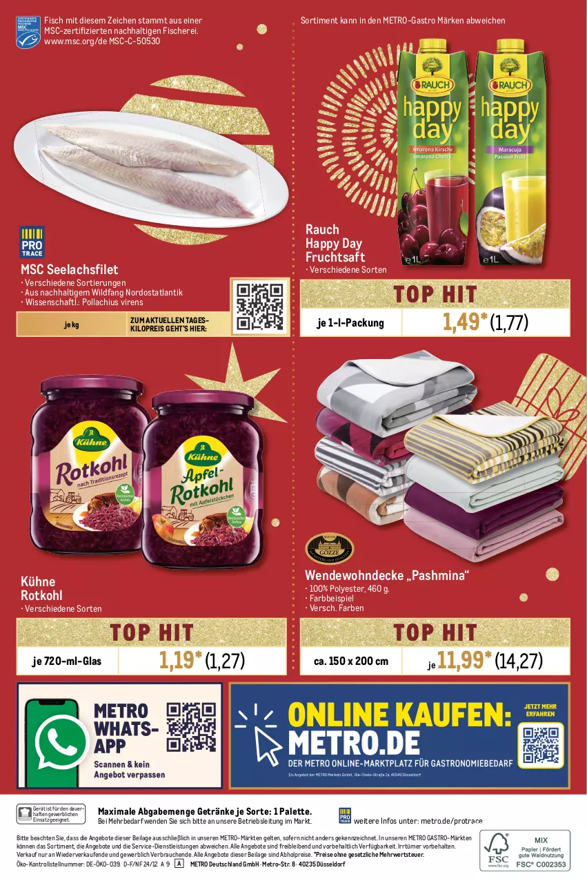 Aktueller Prospekt Metro - Food-Nonfood - von 05.12 bis 18.12.2024 - strona 34 - produkty: abholpreise, angebot, angebote, auer, decke, eis, elle, filet, fisch, fische, Fischer, frucht, fruchtsaft, getränk, getränke, Happy Day, ilag, Kühne, lachs, lachsfilet, Metro, metro gastro, Palette, Rauch, reis, rotkohl, rwe, saft, Schere, seelachsfilet, Ti, Wild