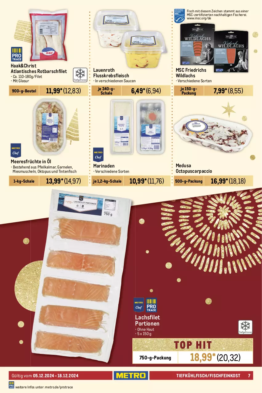 Aktueller Prospekt Metro - Food-Nonfood - von 05.12 bis 18.12.2024 - strona 7 - produkty: Abtei, ACC, angebot, angebote, aqua, beutel, bsf, Carpaccio, cin, coupon, eis, elle, feinkost, filet, filets, fisch, fische, Fischer, Fischfeinkost, fleisch, forelle, frischfisch, früchte, garnelen, Krebs, lachs, lachsfilet, marinade, meeresfrüchte, Metro, Muscheln, rel, Ria, Rotbarsch, rotbarschfilet, rwe, Saibling, sauce, saucen, Schal, Schale, Schere, steak, steaks, Ti, tisch, Wild, wildlachs