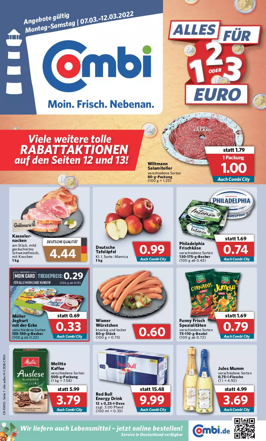 Aktueller Prospekt Combi - Prospekte - von 07.03 bis 12.03.2022 - strona 1 - produkty: Arnica, Becher, beutel, drink, eis, elle, energy drink, flasche, fleisch, frischkäse, Funny Frisch, joghur, joghurt, joghurt mit der ecke, jules mumm, kaffee, Käse, kasseler, lebensmittel, melitta, Müller, mumm, philadelphia, red bull, reis, salami, schwein, schweine, schweinefleisch, Spezi, tafeläpfel, teller, Ti, wein, weine, wiener, wiener würstchen, wiltmann, würstchen