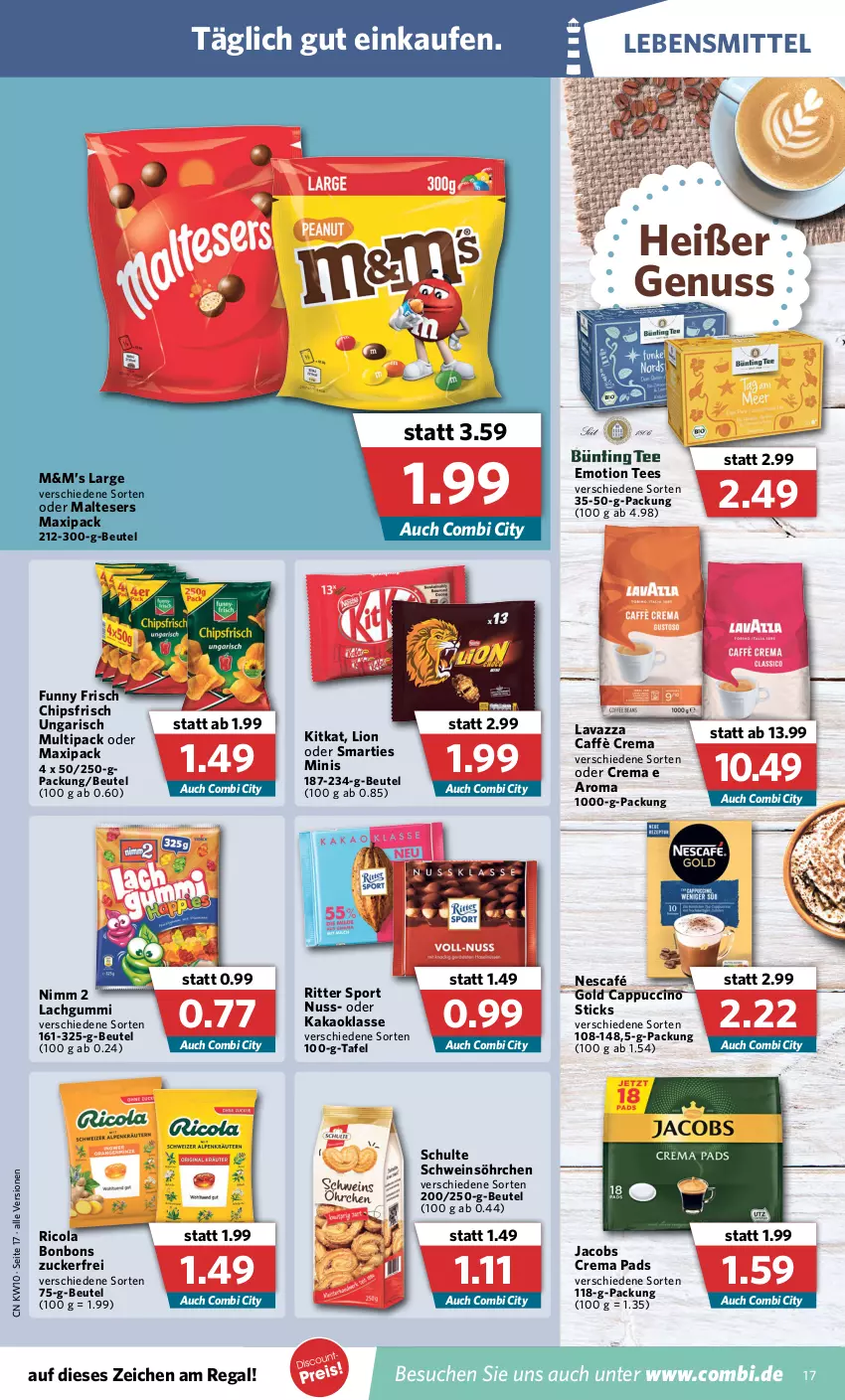 Aktueller Prospekt Combi - Prospekte - von 07.03 bis 12.03.2022 - strona 17 - produkty: beutel, bonbons, caffè crema, Cap, cappuccino, chips, chipsfrisch, cin, cola, crema pads, Funny Frisch, jacobs, Jacobs Crema, kakao, kitkat, lachgummi, lavazza, lebensmittel, lion, malteser, Nescafé, nescafé gold, Nimm 2, nuss, regal, Ricola, ritter, ritter sport, schwein, smarties, Sport, tee, Ti, wein, zucker