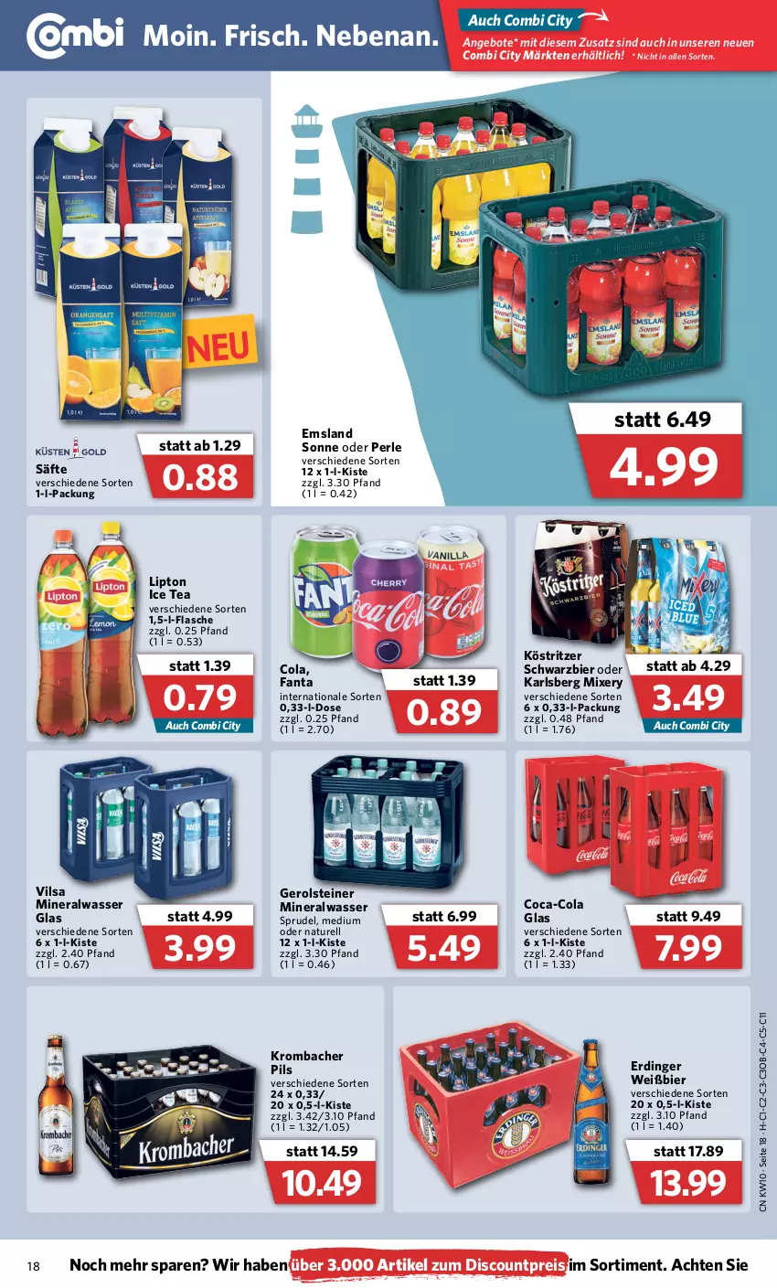 Aktueller Prospekt Combi - Prospekte - von 07.03 bis 12.03.2022 - strona 18 - produkty: Alwa, angebot, angebote, bier, coca-cola, cola, discount, eis, erdinger, fanta, flasche, gerolsteine, gerolsteiner, ice tea, karlsberg, karlsberg mixery, köstritzer, krombache, krombacher, krombacher pils, lipton, lipton ice tea, mineralwasser, Mixer, mixery, natur, pils, reis, rel, säfte, Sprudel, steiner, Ti, vilsa, wasser