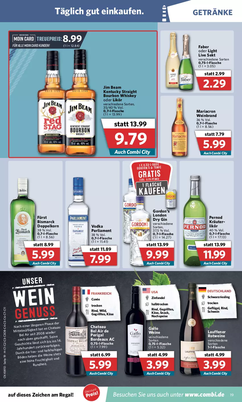 Aktueller Prospekt Combi - Prospekte - von 07.03 bis 12.03.2022 - strona 19 - produkty: bismarck, bourbon, bourbon whiskey, chateau, cuvée, doppelkorn, dry gin, eis, flasche, gallo, Geflügel, getränk, getränke, gin, gordon, Gordon’s, grill, jim beam, Käse, kentucky straight, korn, kräuter, LG, likör, london dry, london dry gin, mariacron, regal, reis, Ria, riesling, rind, rotwein, schwarzriesling, schwein, sekt, snack, Ti, tonic, tuc, vodka, wein, weinbrand, weine, whiskey, Wild